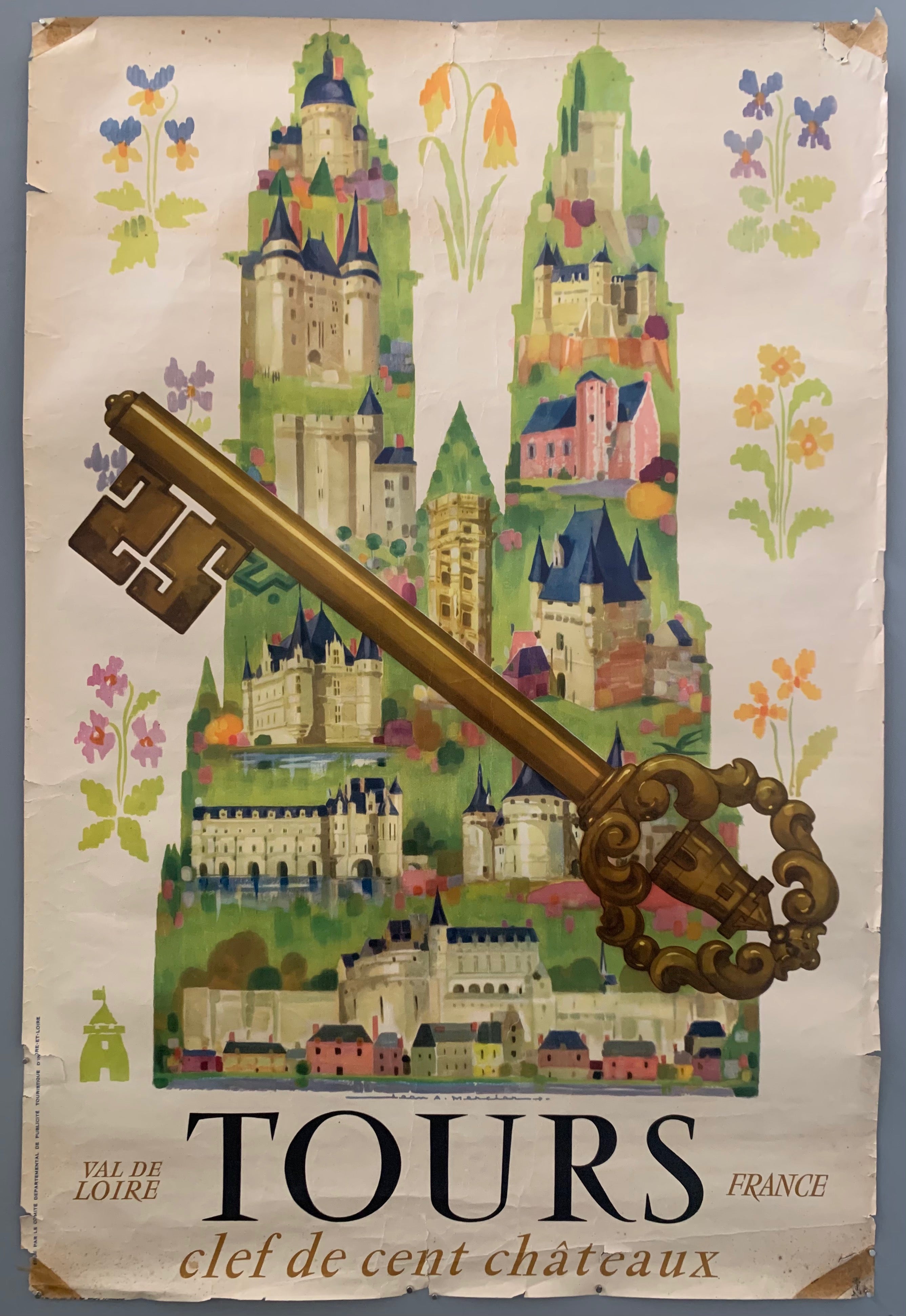 A white poster has a green outline of a cathedral with many small blue and cream-colored castles. Around the cathedral are little flowers. On top of everything i an intricate gold key. The writing is a the bottom in bold fonts in black and gold. The corners of the poster are gold.