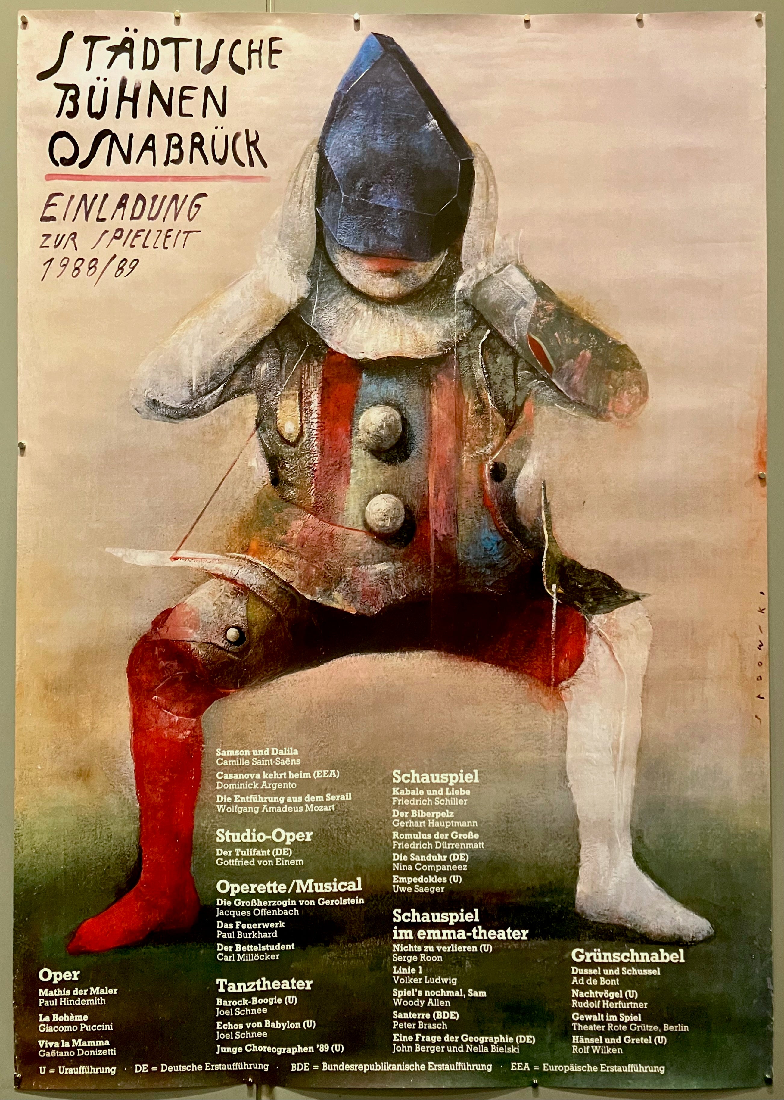 67x47 poster for german theater städtische bühnen osnabrück 1988-89 performances featuring art of clown by polish artist wiktor sadowski and showing information