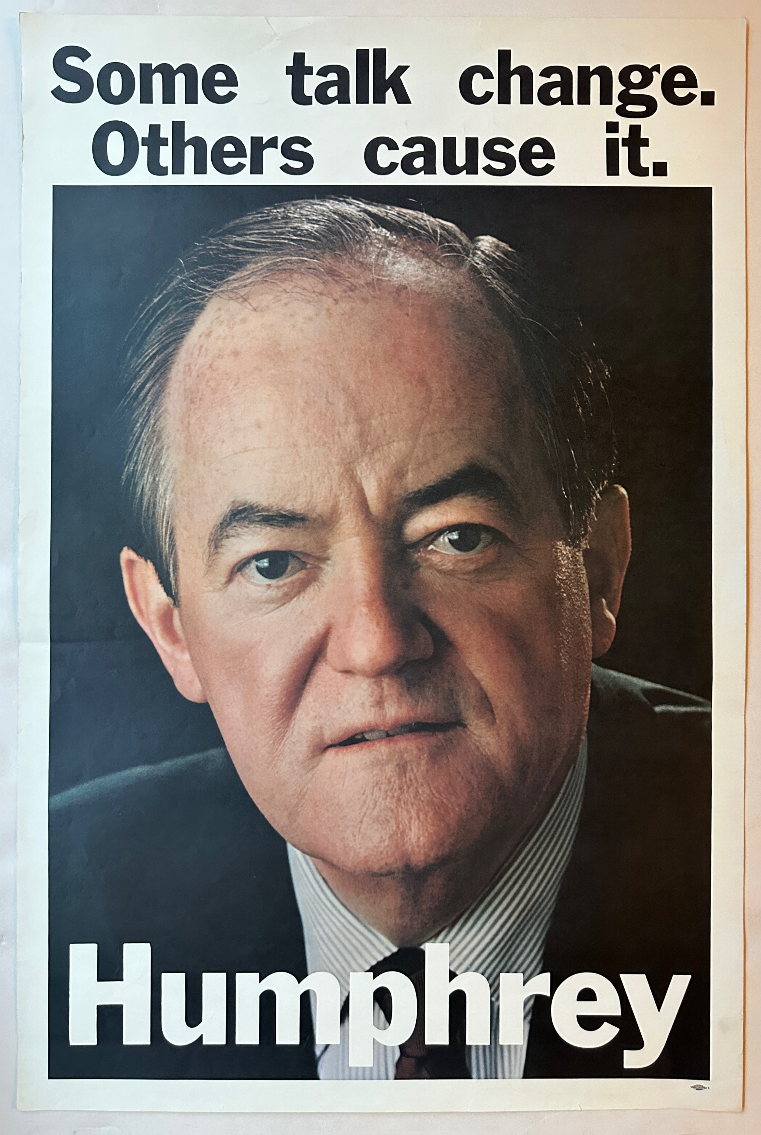 36x23 presidential campaign poster for democratic nominee hubert humphrey featuring photo of face in color and slogan above