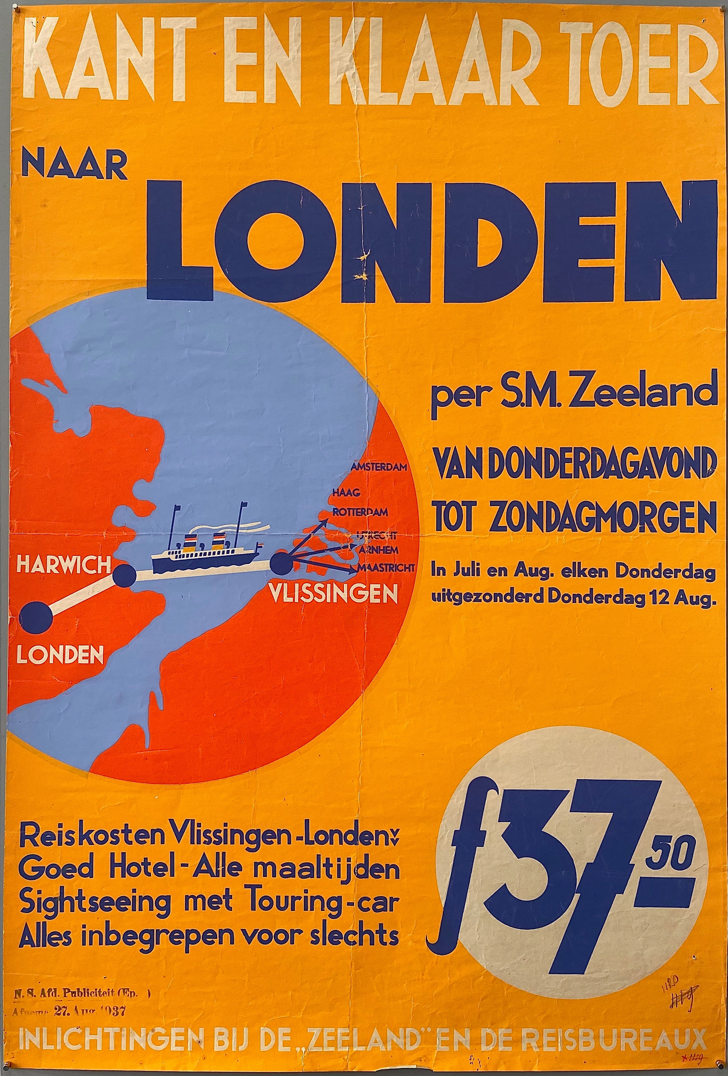 Poster with a ship traveling from the Netherlands to England