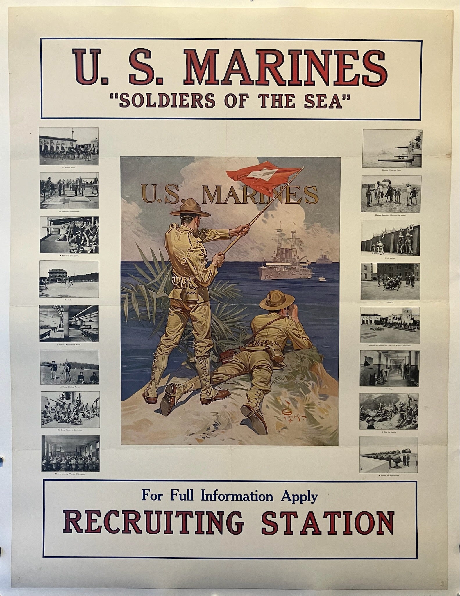 30.5x40 poster featuring two US Marines on a cliff facing a war ship sailing away with black and white photographs framing the right and left sides