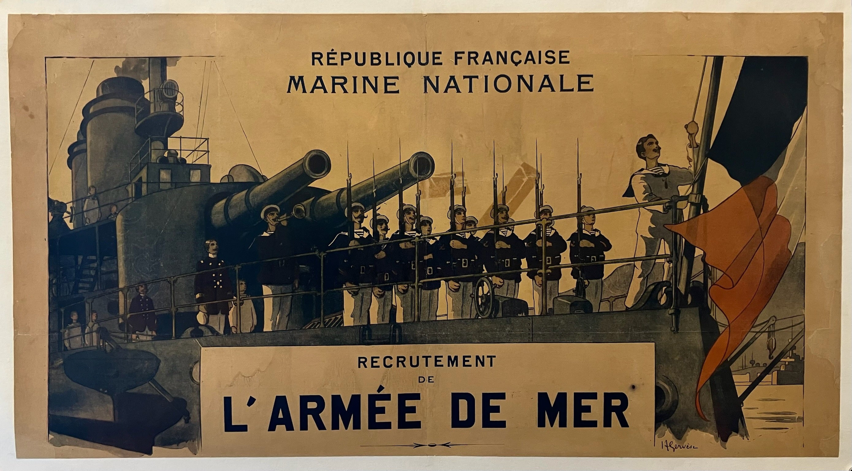 14x26 horizontal poster depicting soldiers at arms with rifles by their sides on a French naval warship