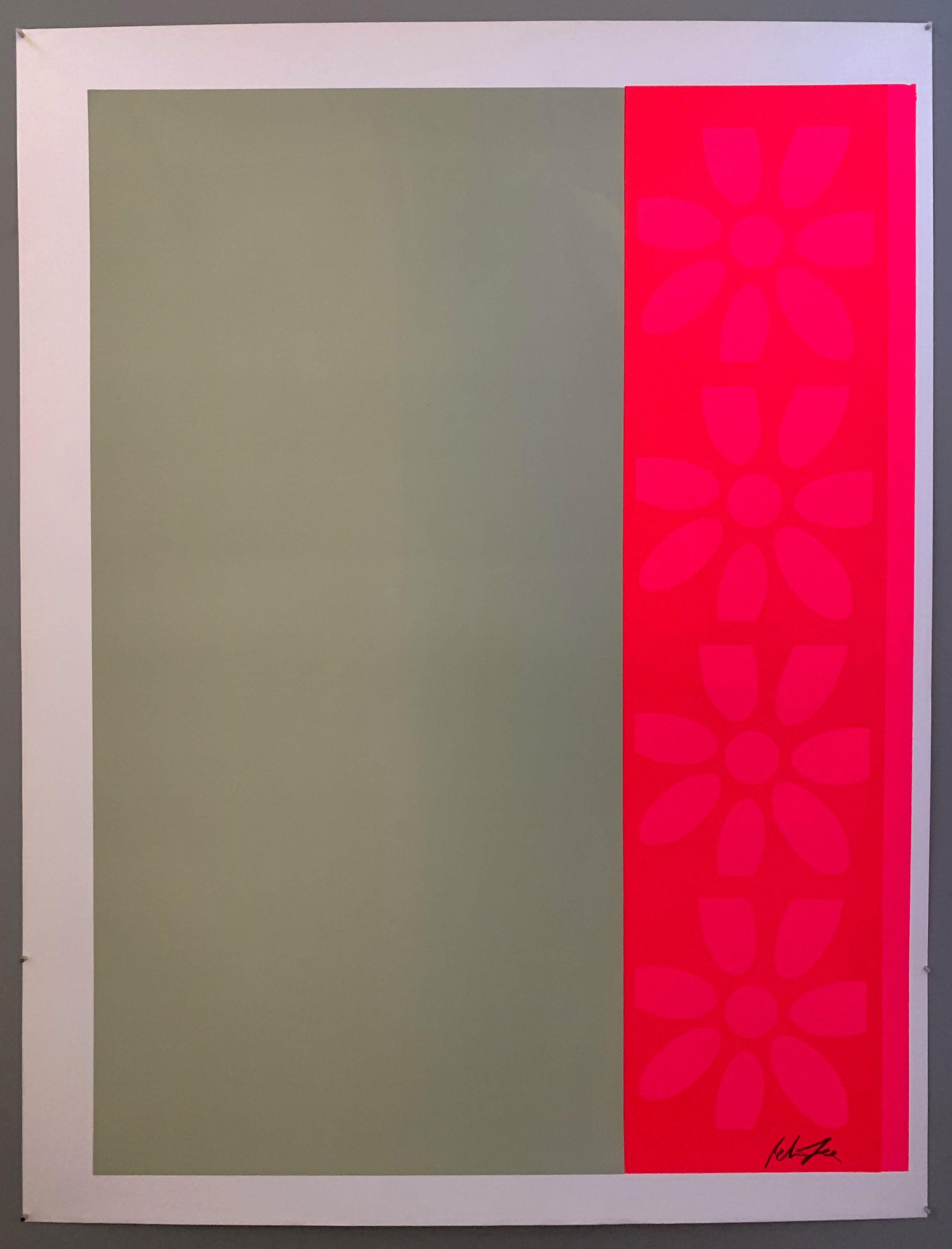 One row of pink flowers next to a gray panel