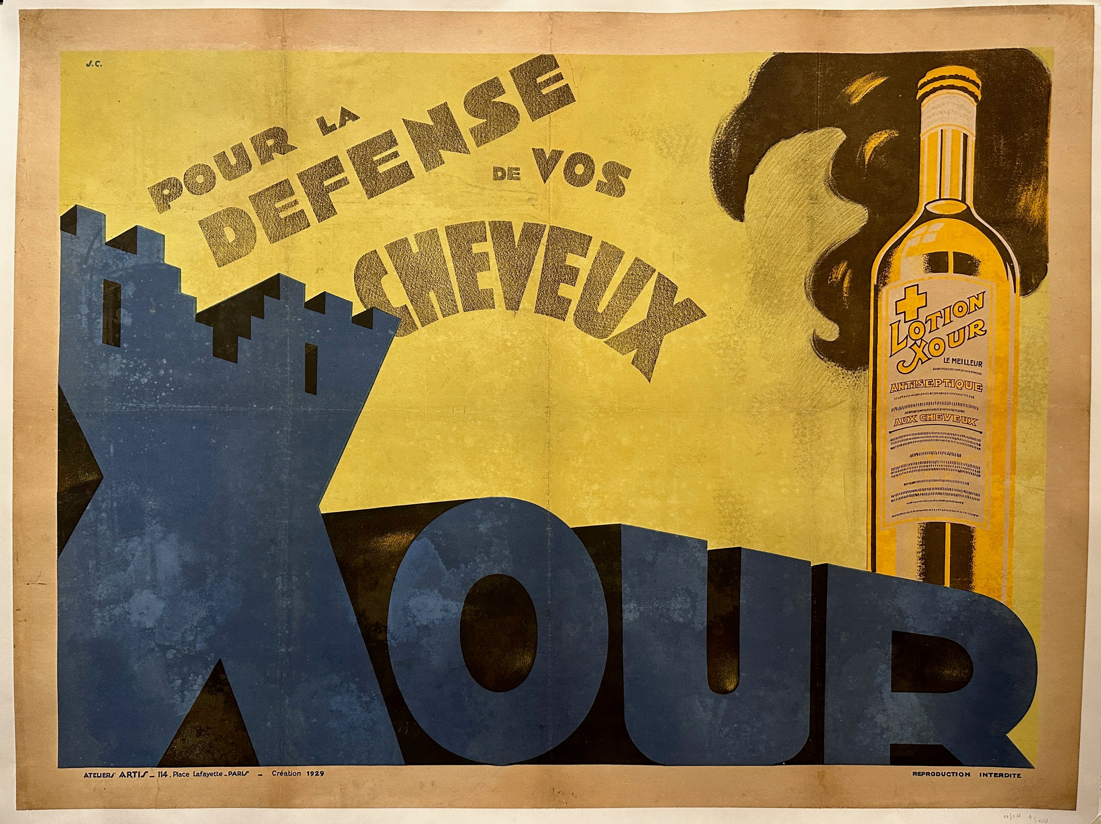 47x63 horizontal poster for Lotion Xour with yellow background and blue block text