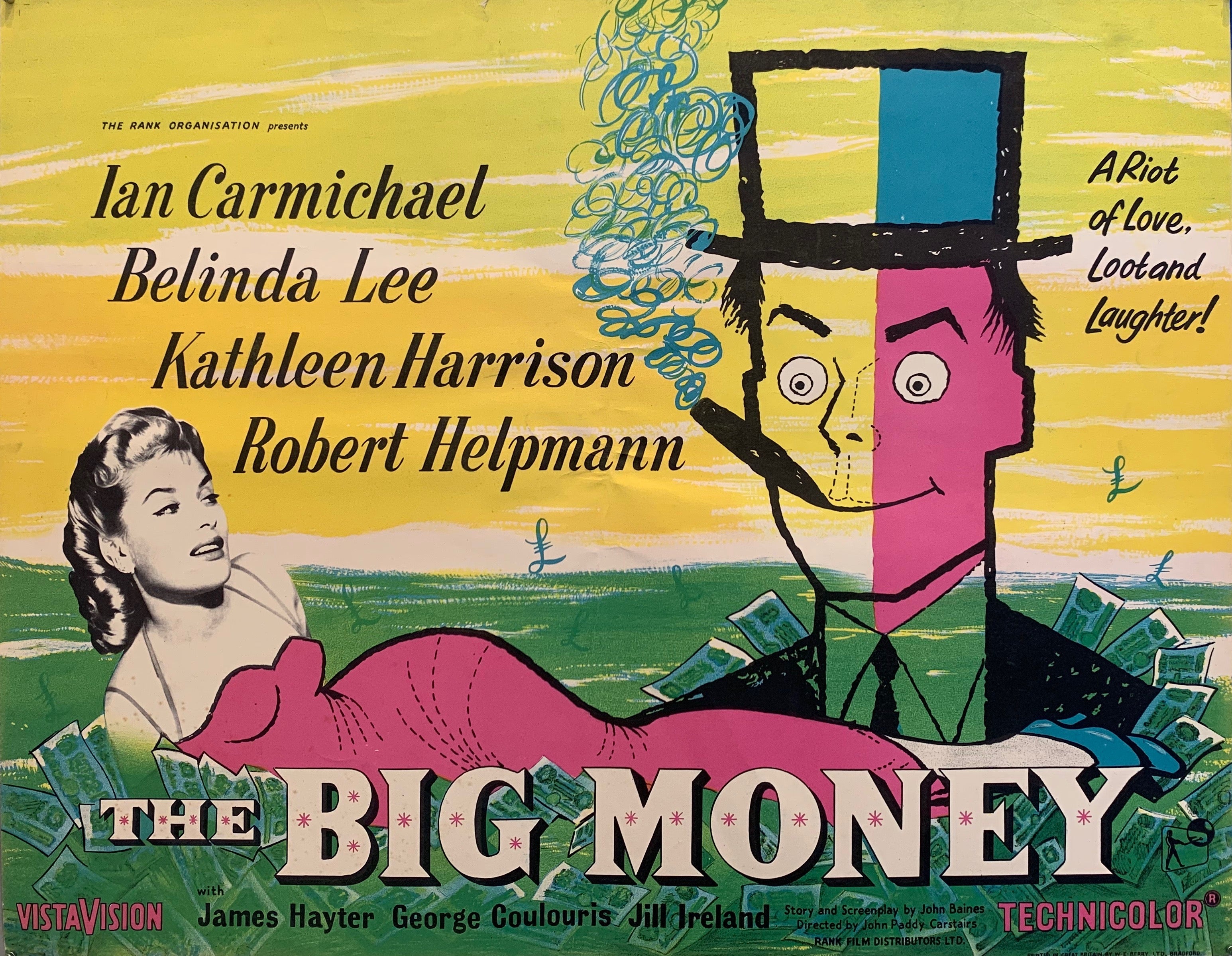 movie poster yellow sky belinda lee in pink dress cartoon man smoking a cigar with blue smoke half of face is pink lying in ggrass and money