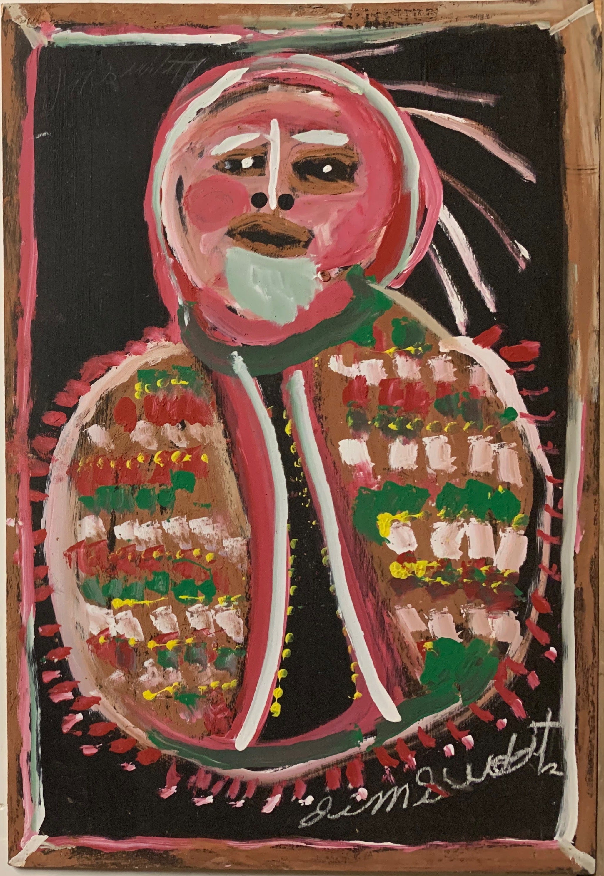 A painting of a Native American Chief in pink.