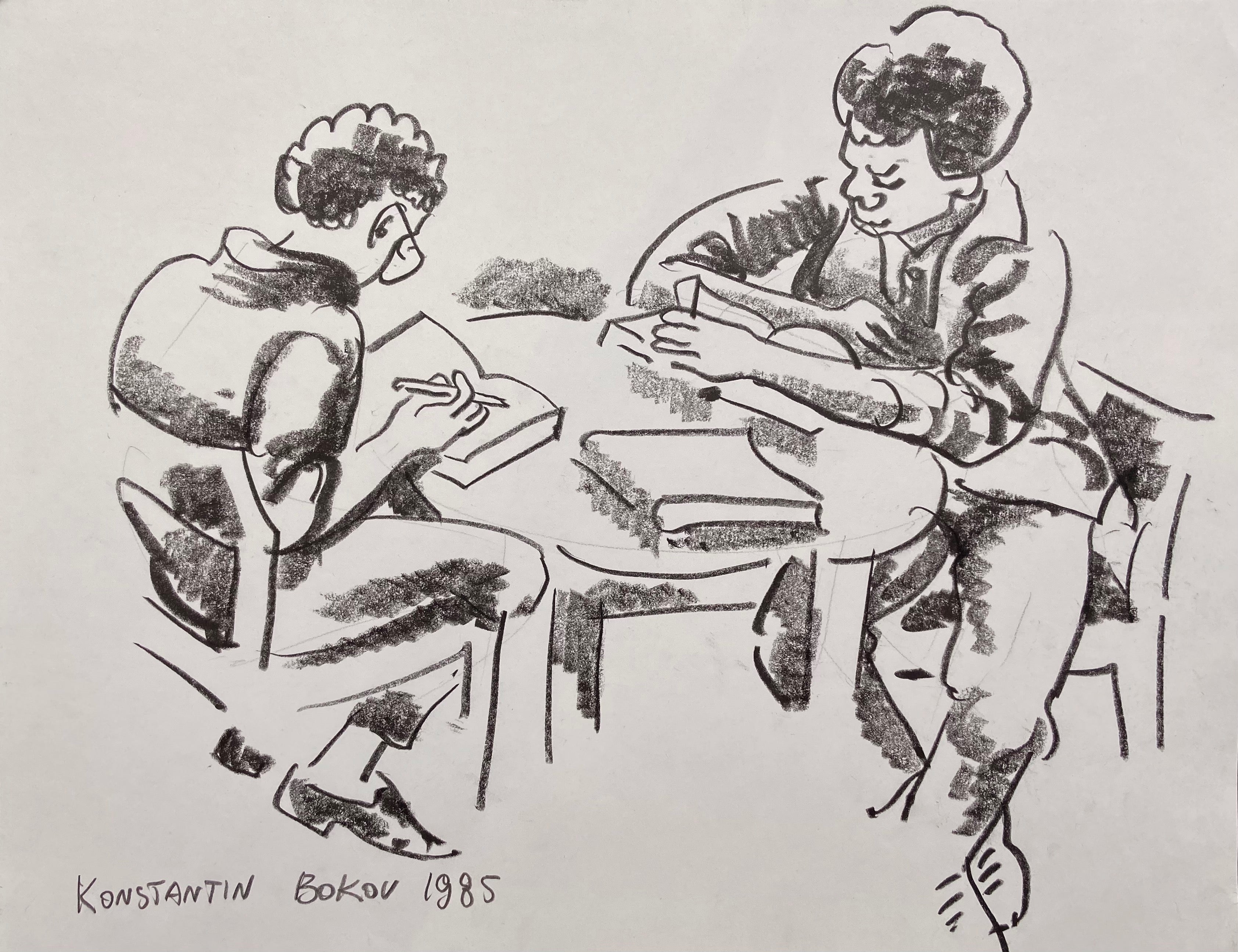 charcoal drawing of a two people reading
