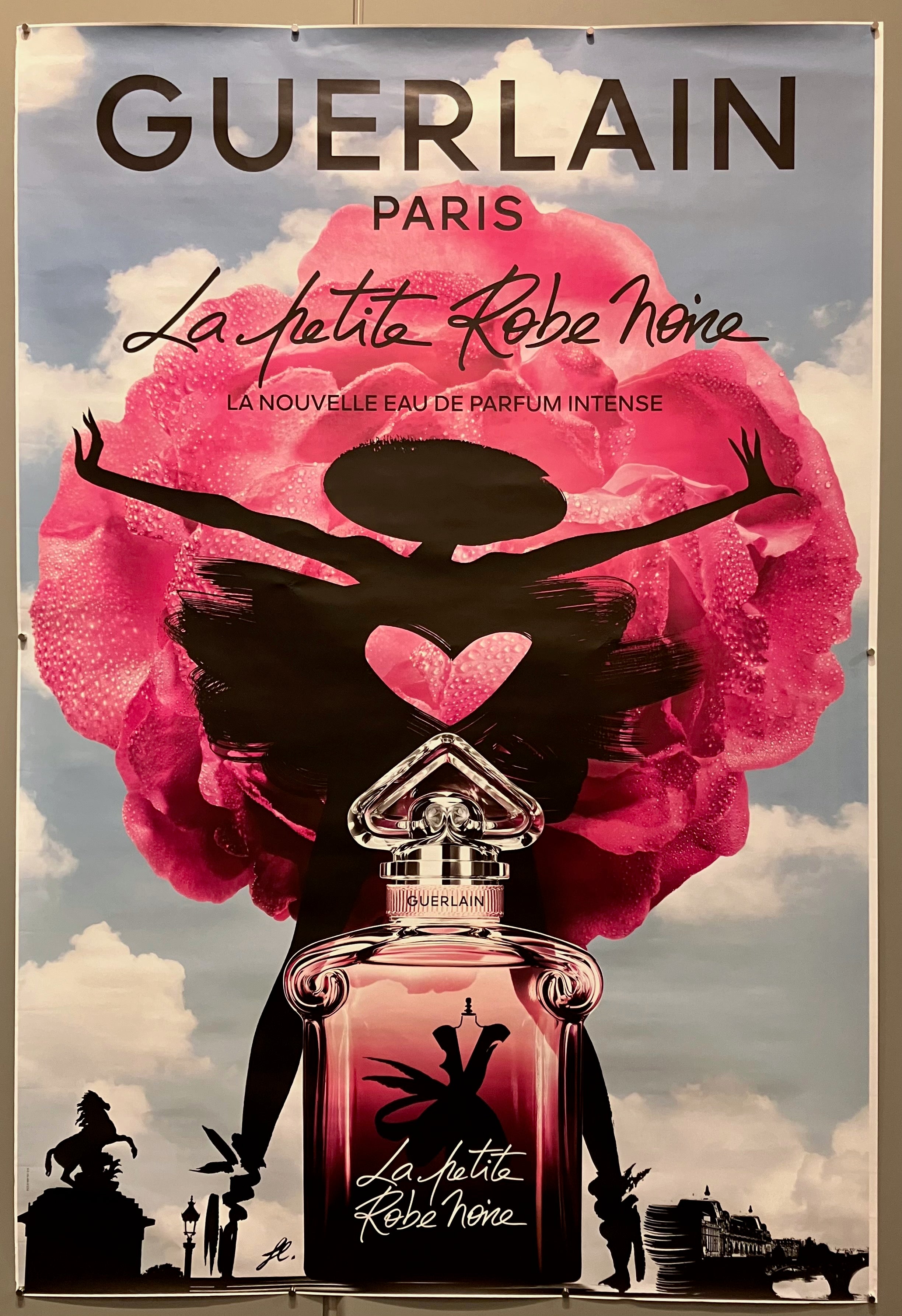 69x47 poster advertising guerlain's intense rose fragrance la petit robe noir with abstract black silhouette of woman, perfume bottle and rose