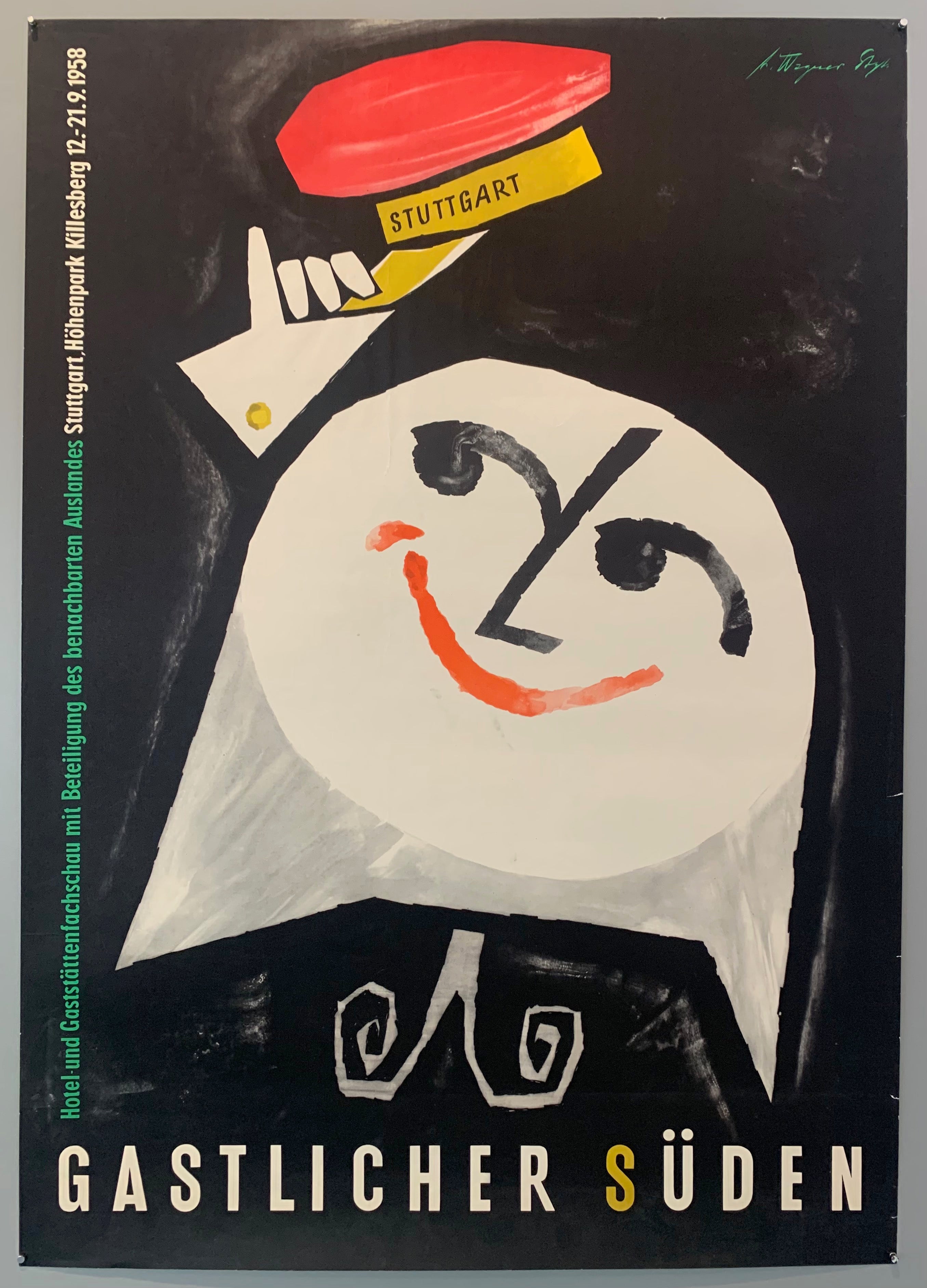 Poster advertising Stuttgart, in the "Hospitable south" of Germany. Poster shows a ghost man tipping his hat which says Stuttgart on it.