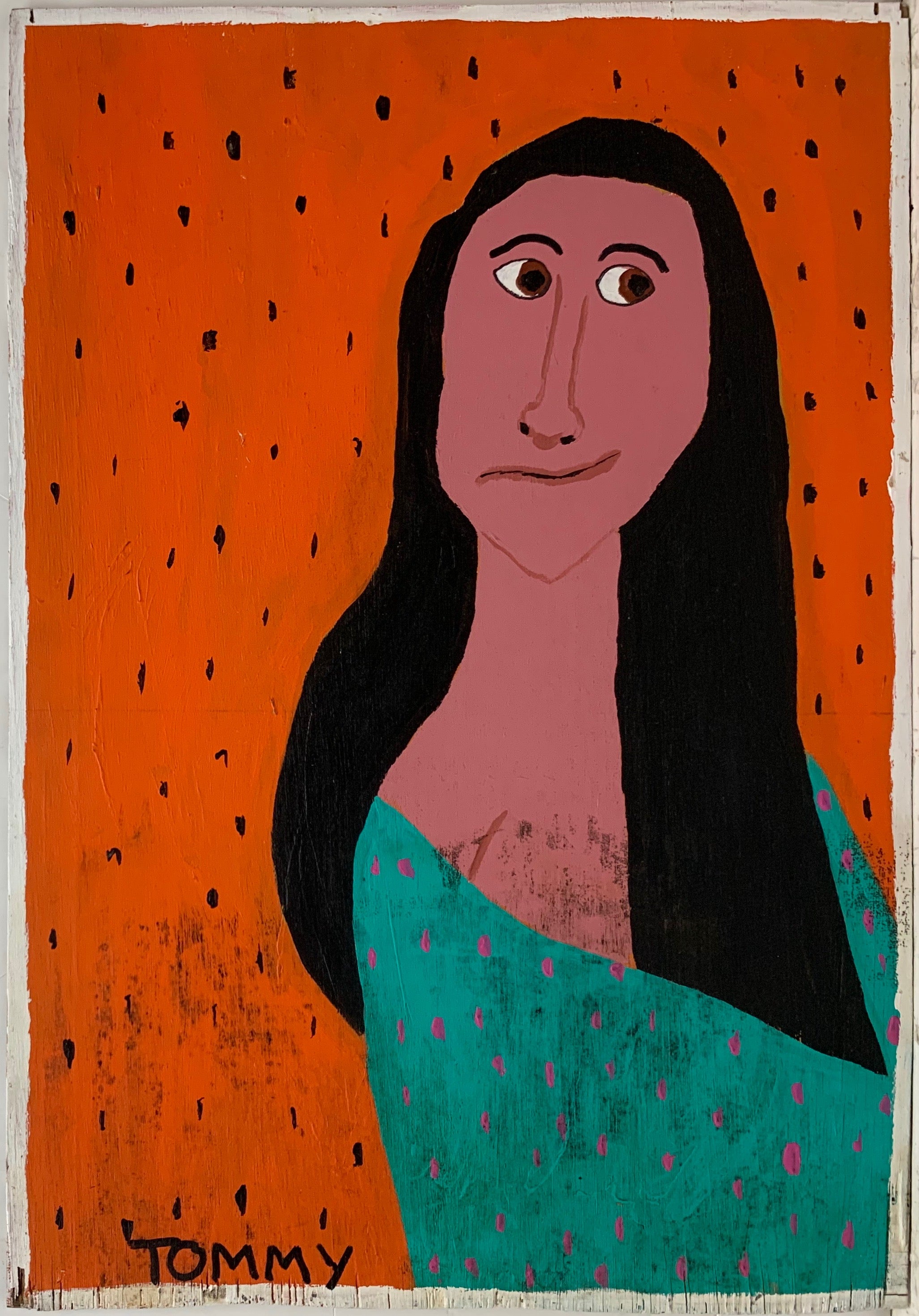 A Tommy Cheng portrait of the Mona Lisa with pink skin.