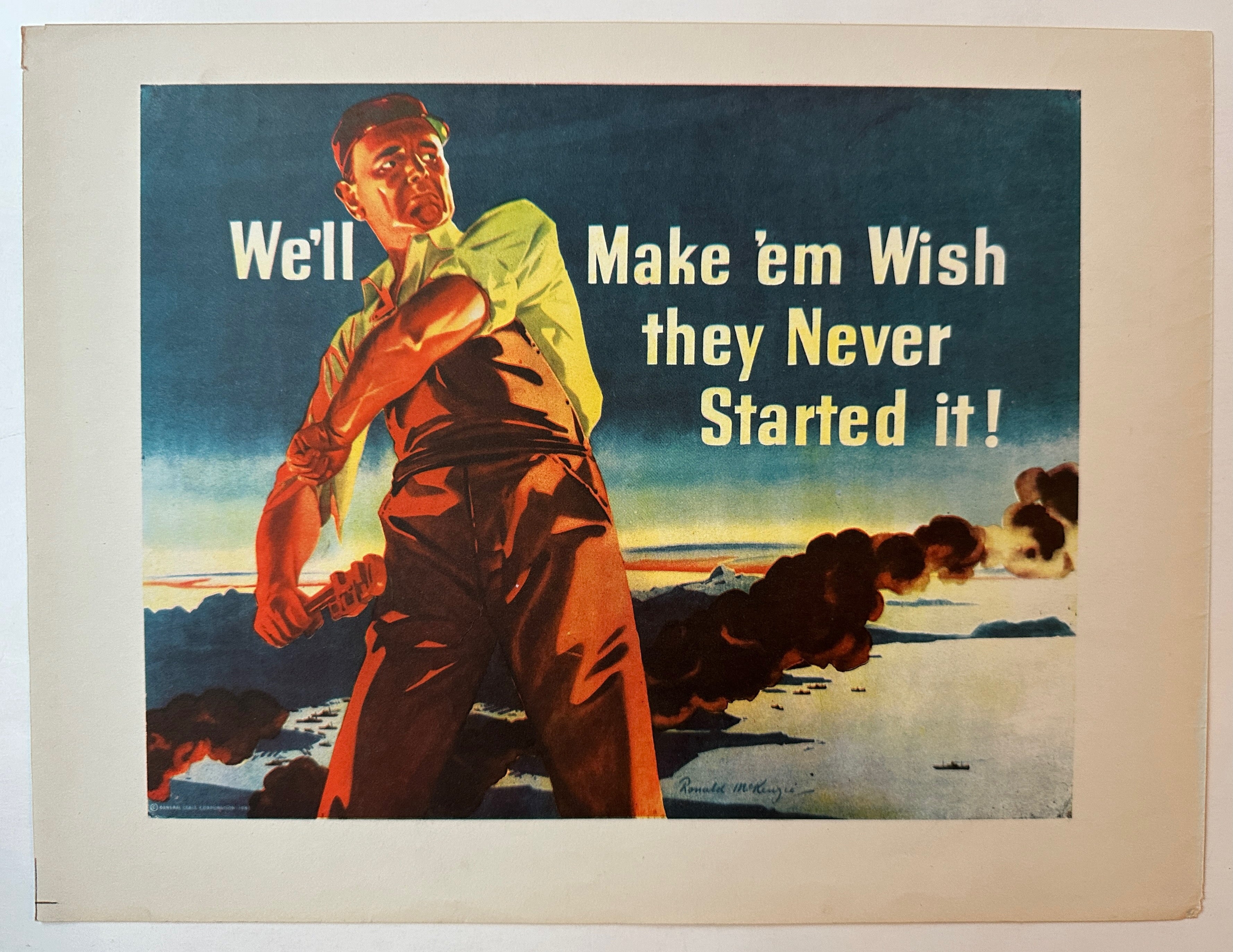 10x13 front and back poster calling for employee alert to War's tremendous demands featuring a man wielding a wrench