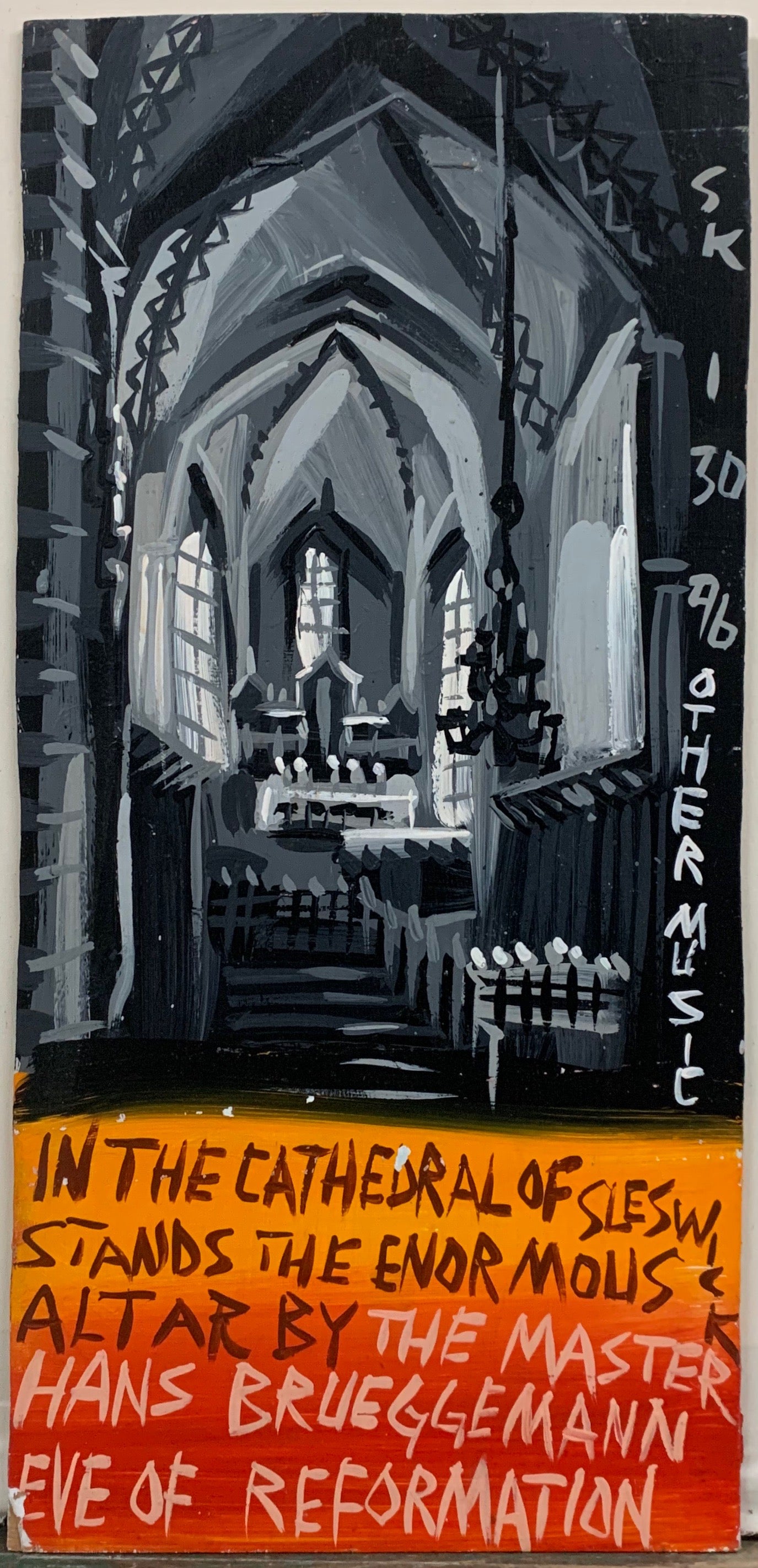 A Steve Keene painting of a black and white cathedral altar.