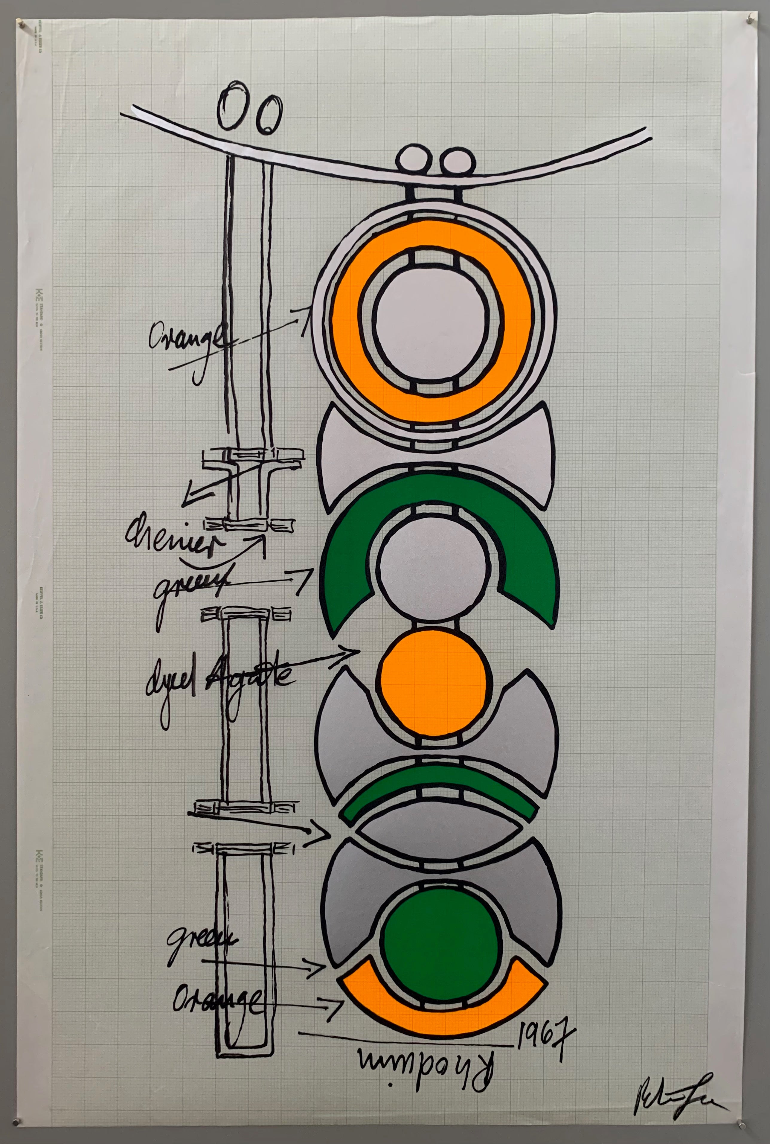 A somewhat abstract machinery diagram on graph paper using the colors of orange, green, and silver.