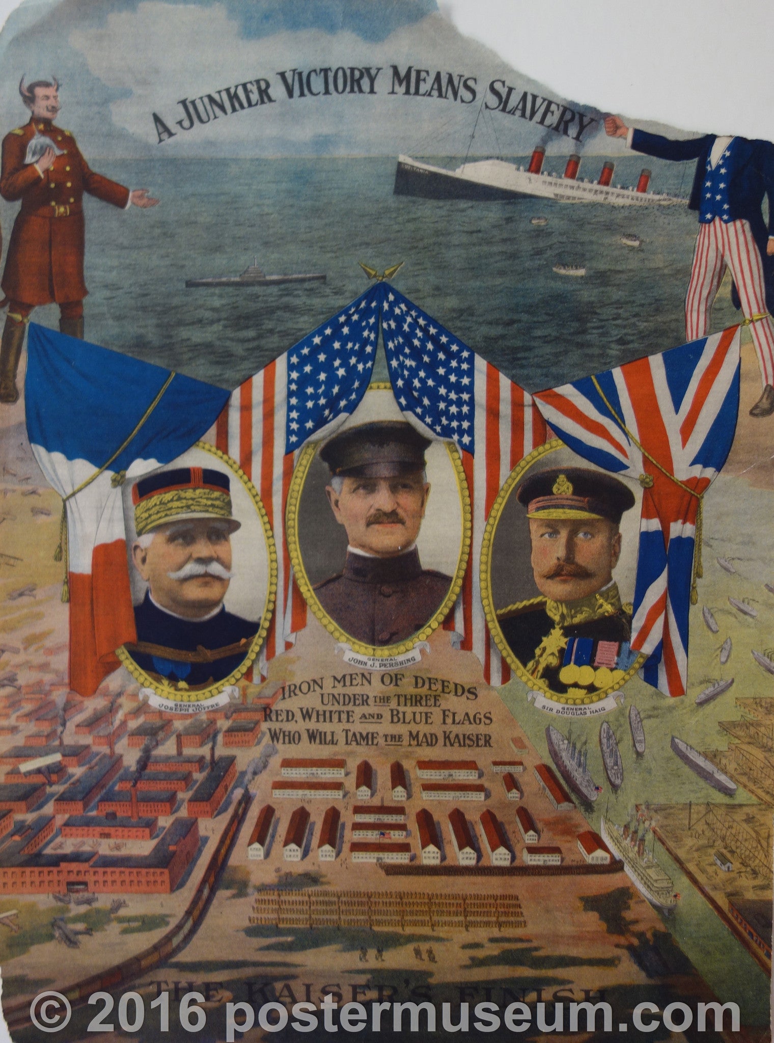 ww1 submarine sinking ship at top three generals at center military base at bottom