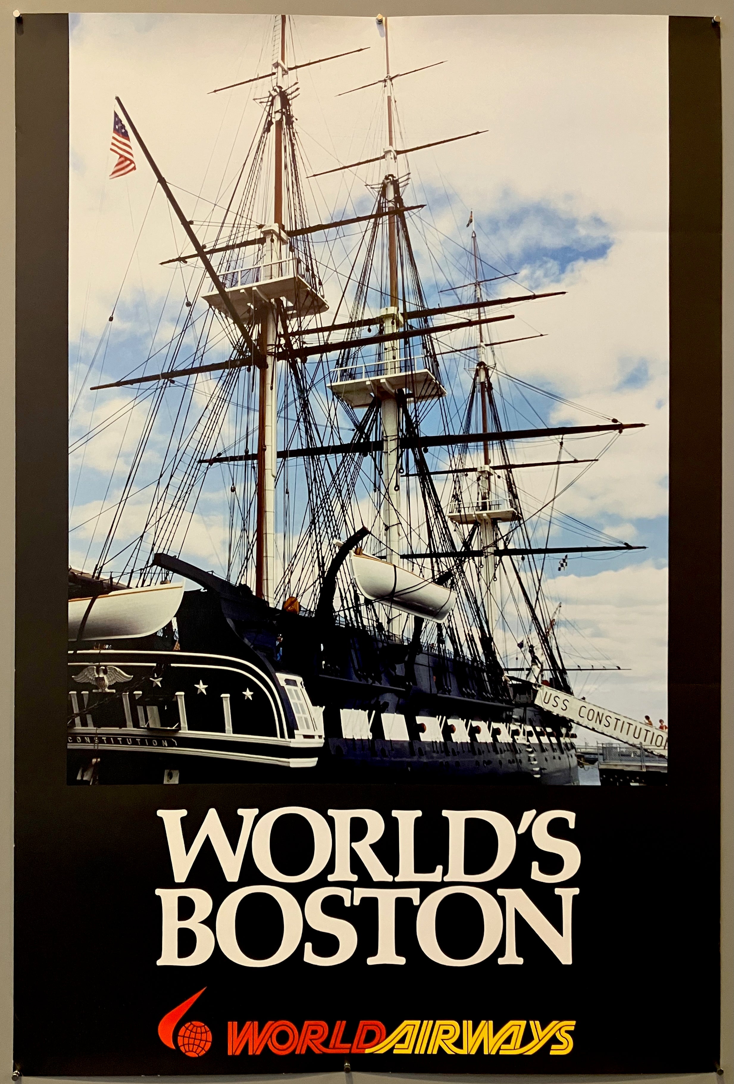 30x20 world airways poster advertising flights to boston ma featuring color photo of navy ship u.s.s. constitution