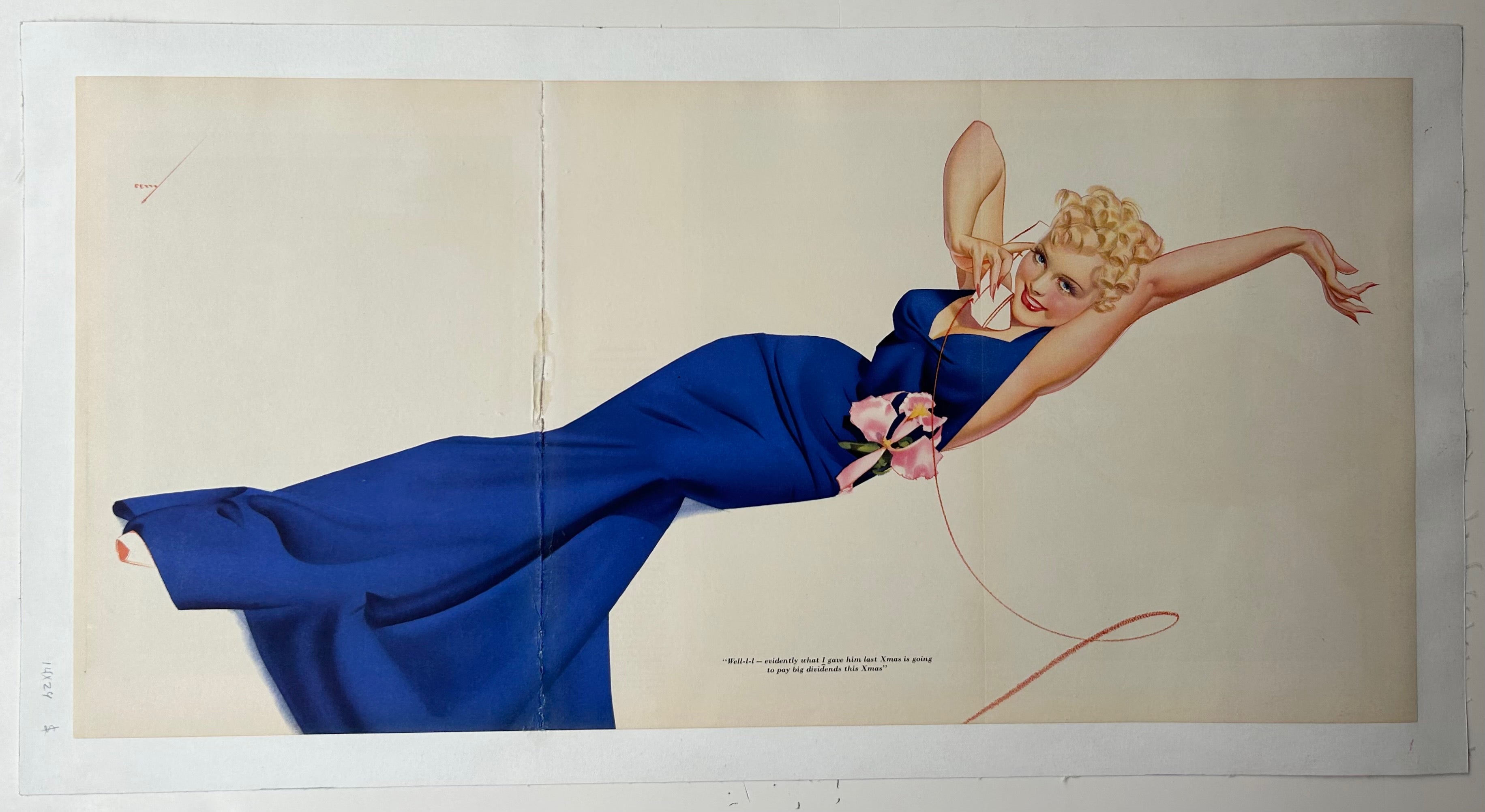 14x24 esquire petty girl christmas magazine illustration featuring blonde woman talking on phone in blue dress with orchids