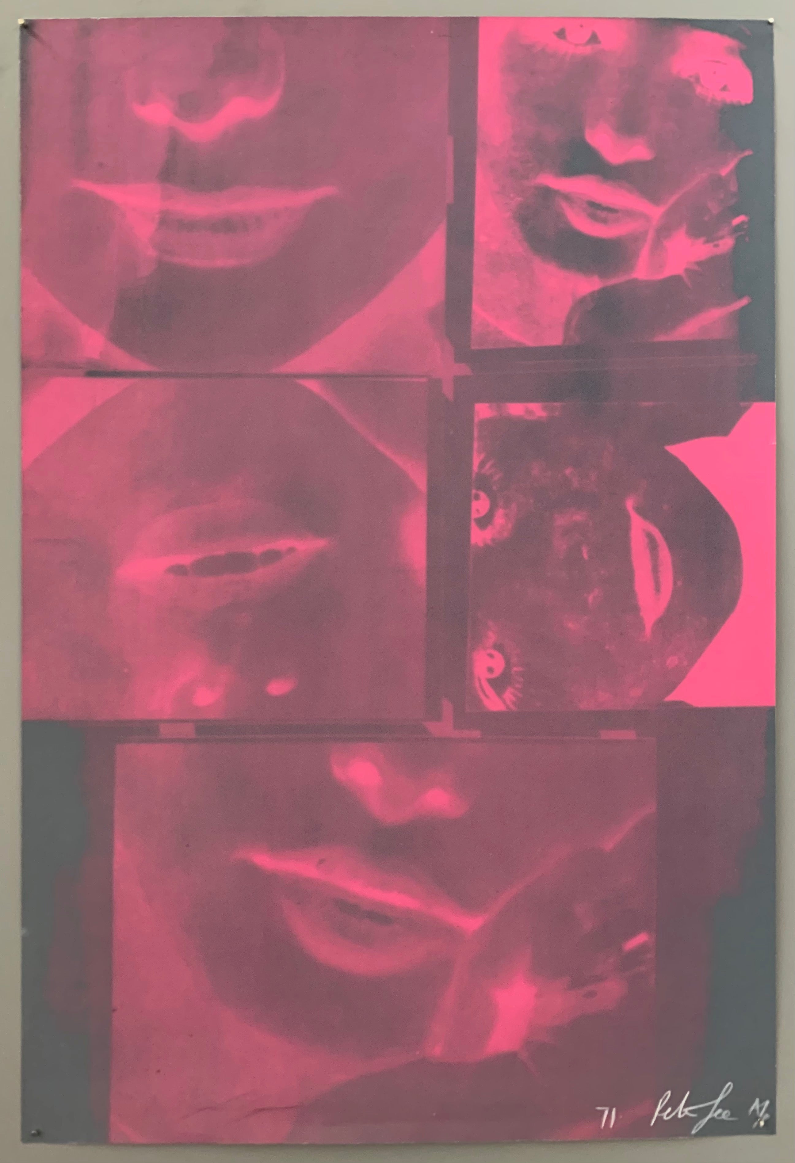 Five different closeups of a woman's face. The shots are film negatives, meaning the lighting is inverted, giving the images an X-ray look. The poster is in pink with black highlights and background. THe signature is in white.
