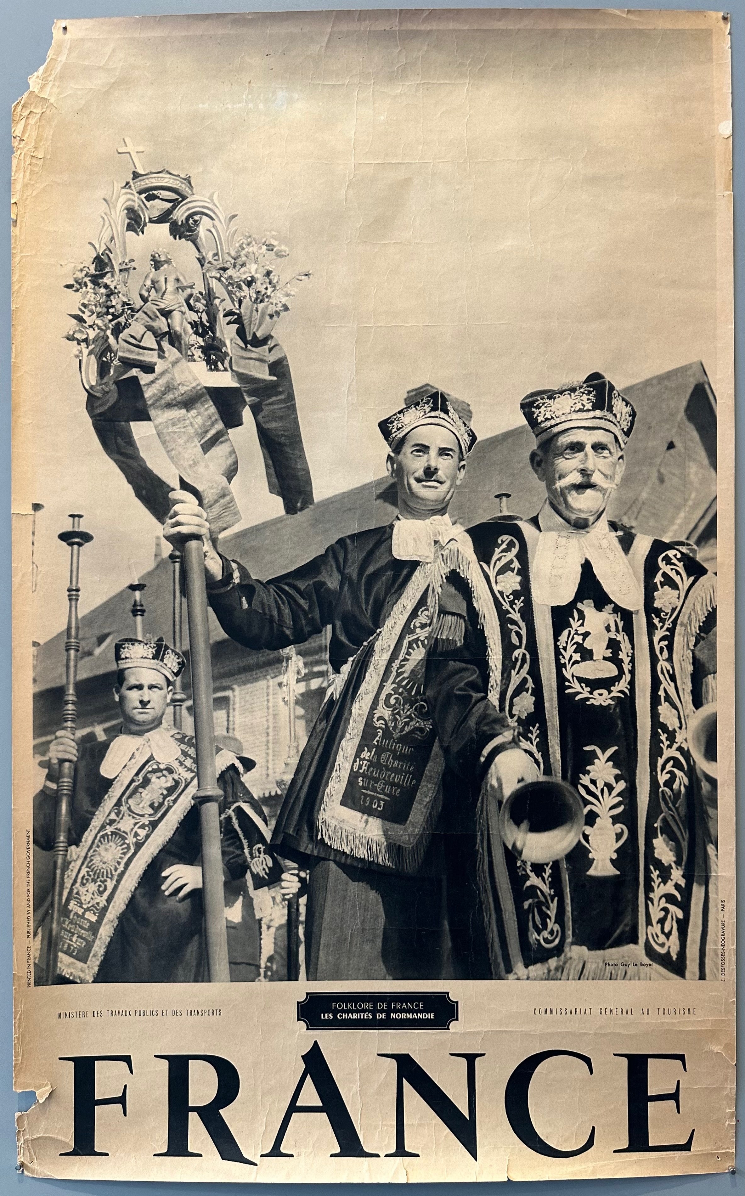 40x25 1950s black and white french travel poster advertising french culture and folklore featuring photos of the charites de normandie in traditional garb