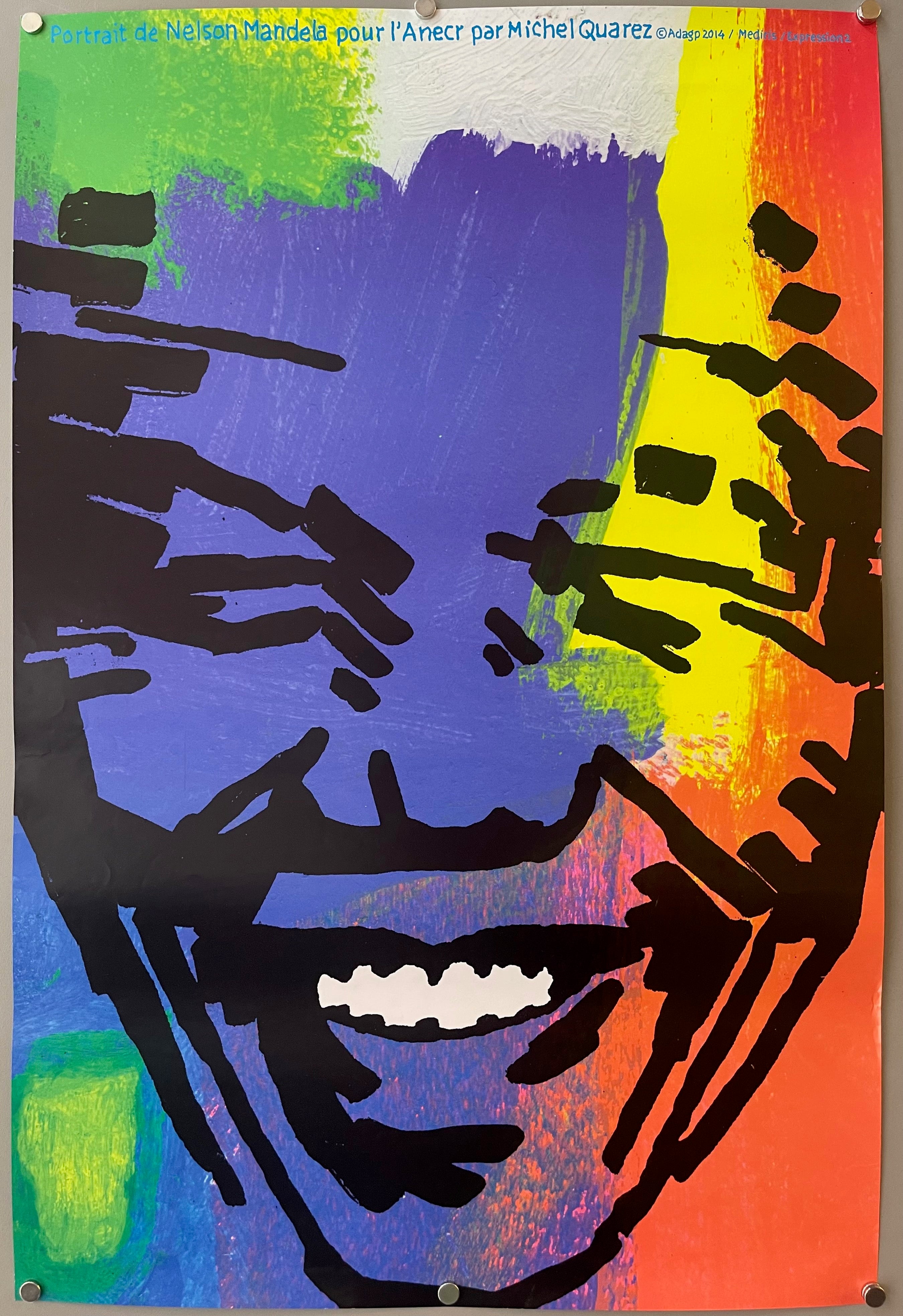 24x16 color portrait of nelson mandela done by michel quarez with details in black and background in rainbow hues