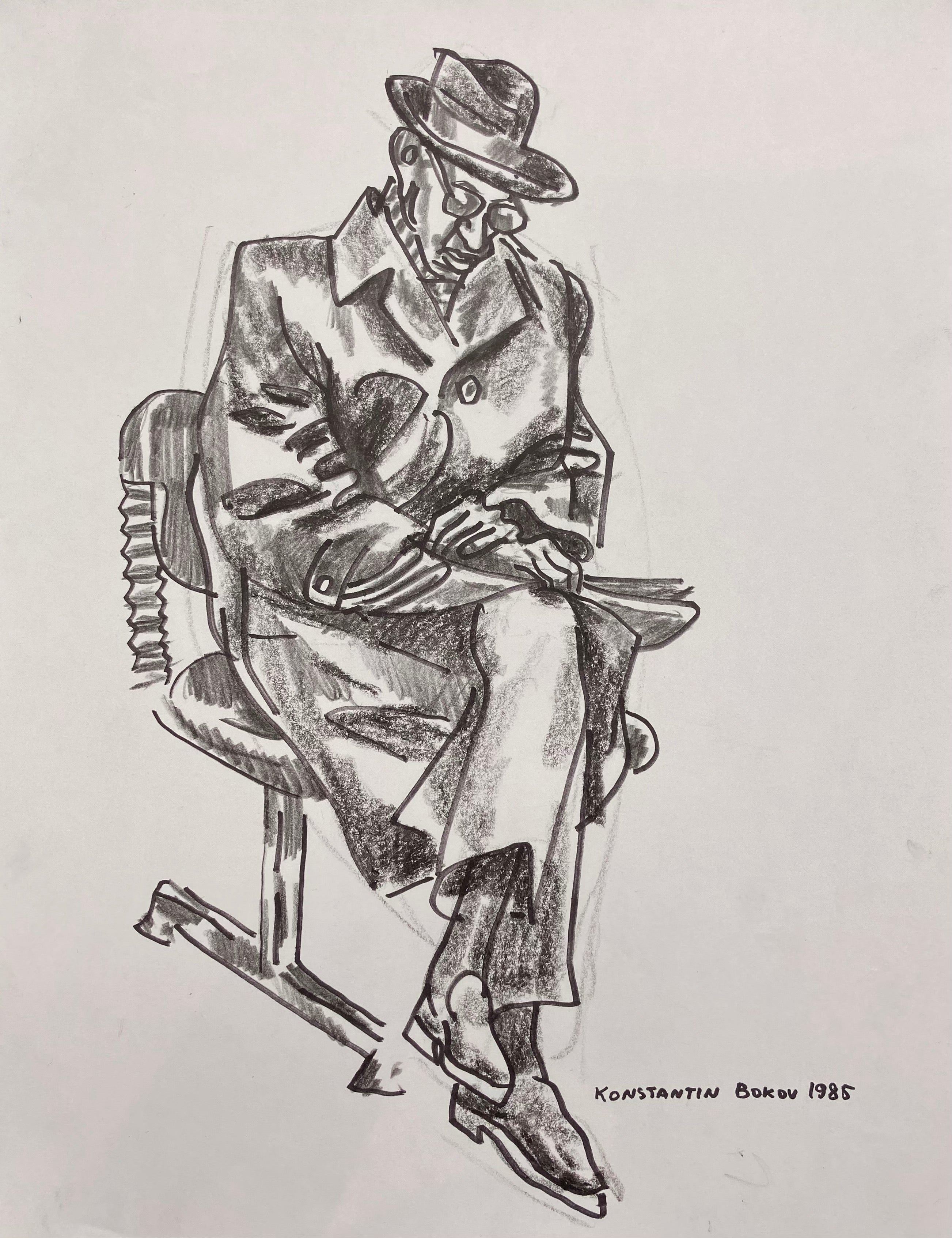 charcoal drawing of a man reading the newspaper