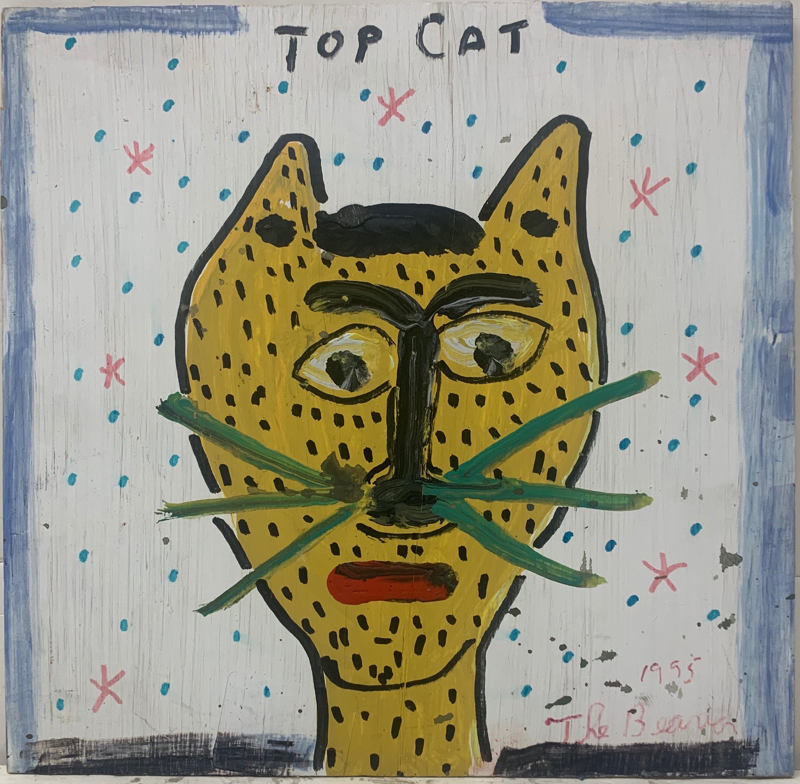 A painting by the Beaver of a black speckled wild cat, cheetah or leopard, with green whiskers, red lips, and surrounded by pink stars and blue polka-dots.