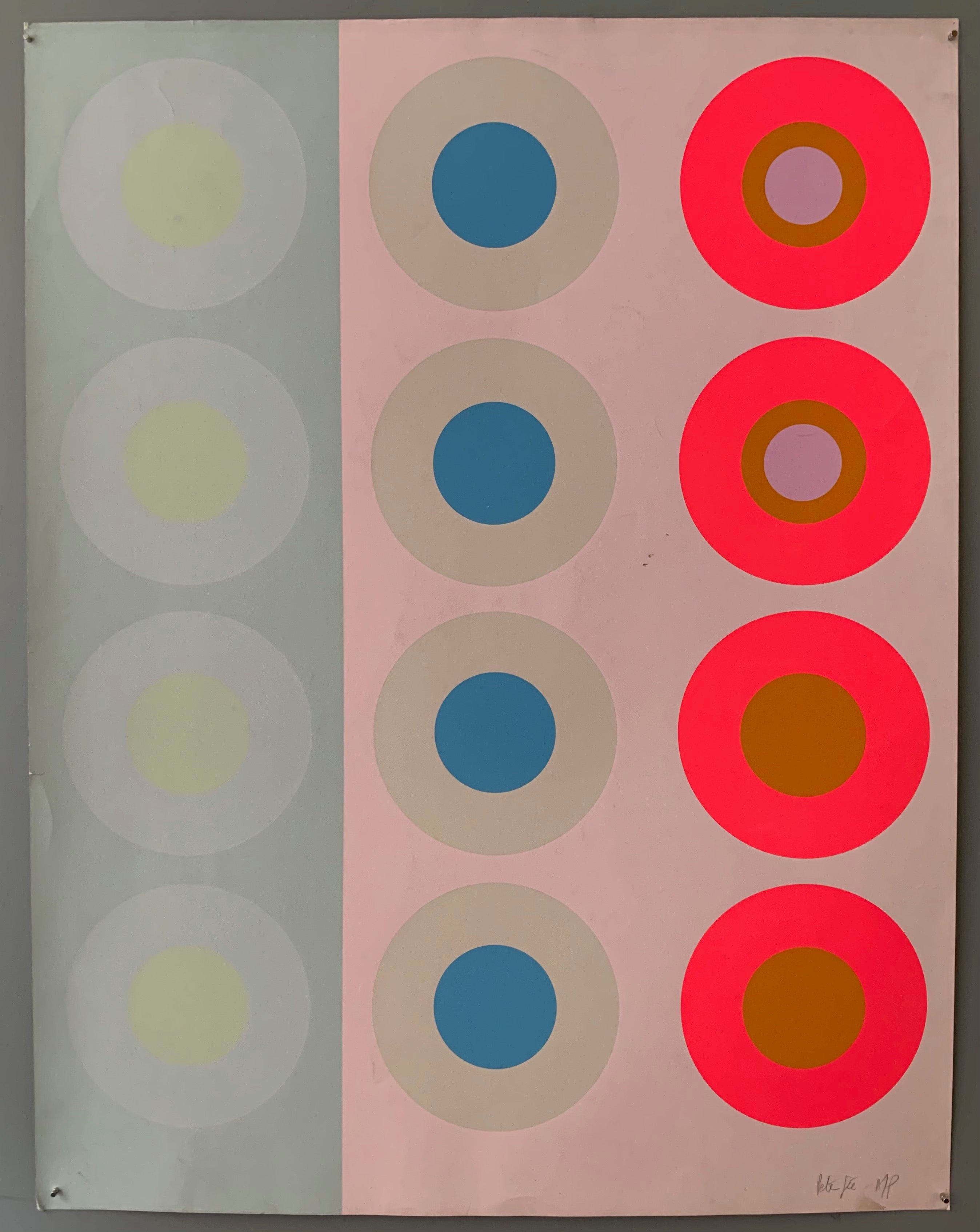 Three rows of targets: on the left is a grey panel with light blue and green targets, and on the right are two light pink panels, one with a grey and blue targets, the other with neon pink, lilac, and burnt ochre targets.