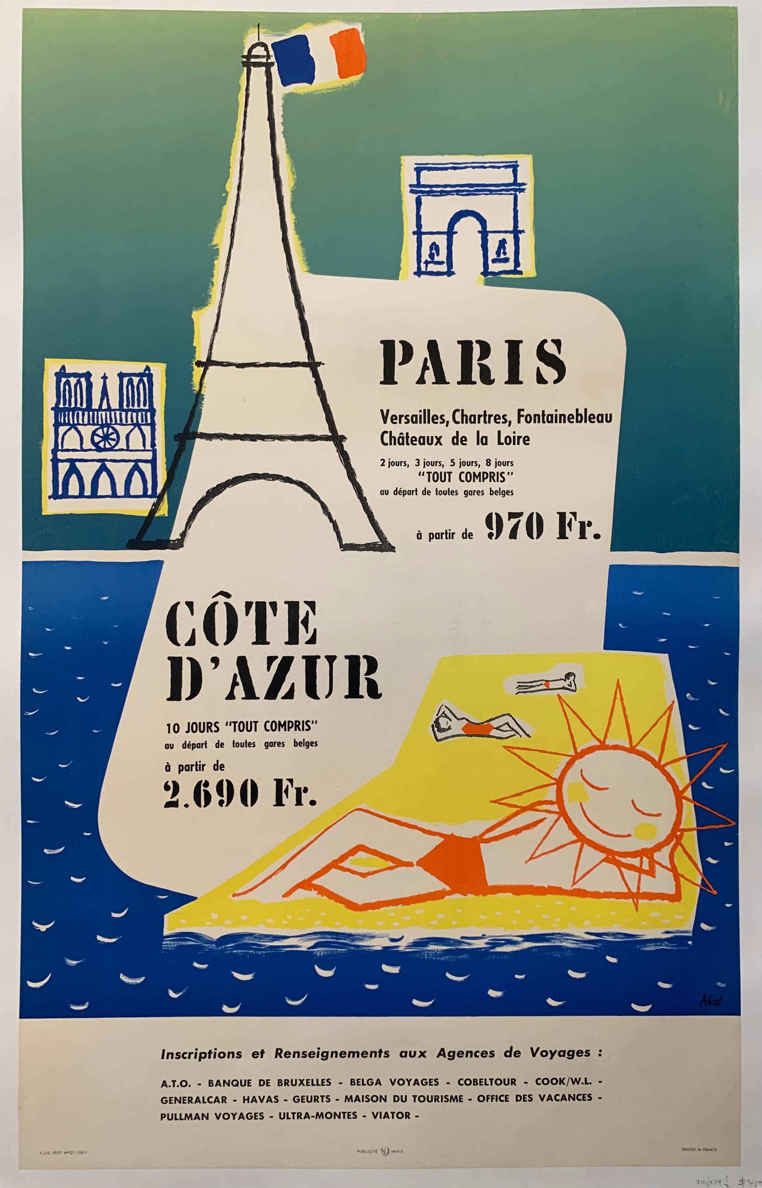 A man with a sun as his head is sunbathing, the background is the ocean, and the top has drawings of french landmarks.