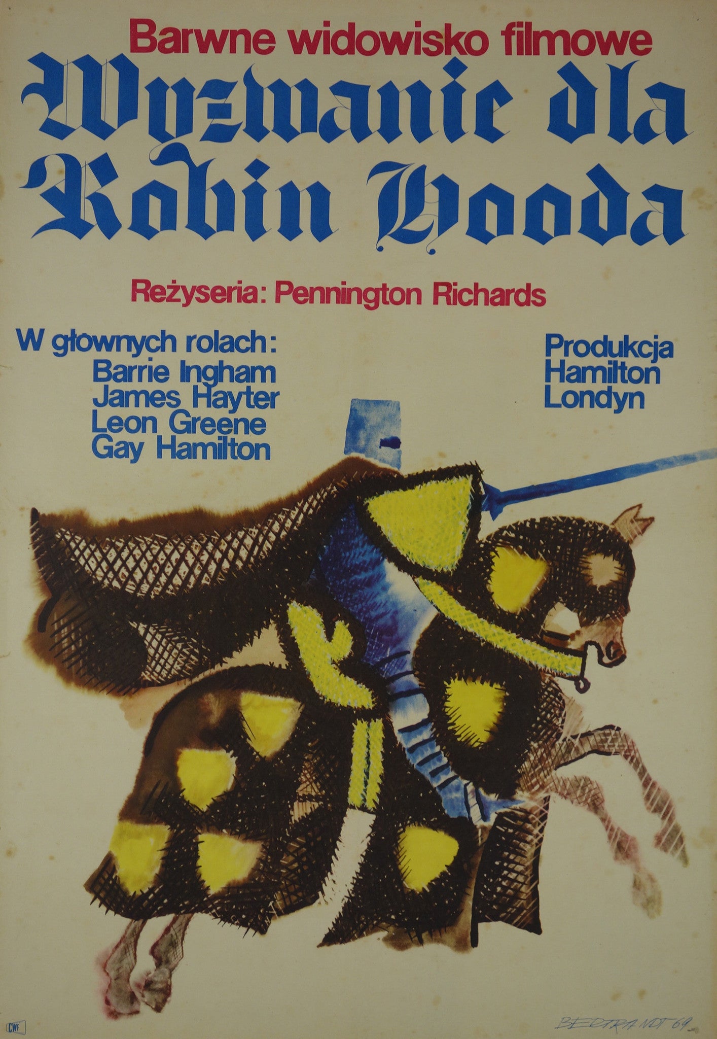 knight and horse wearing matching yellow and black costumes.background tan lettering old english in blue