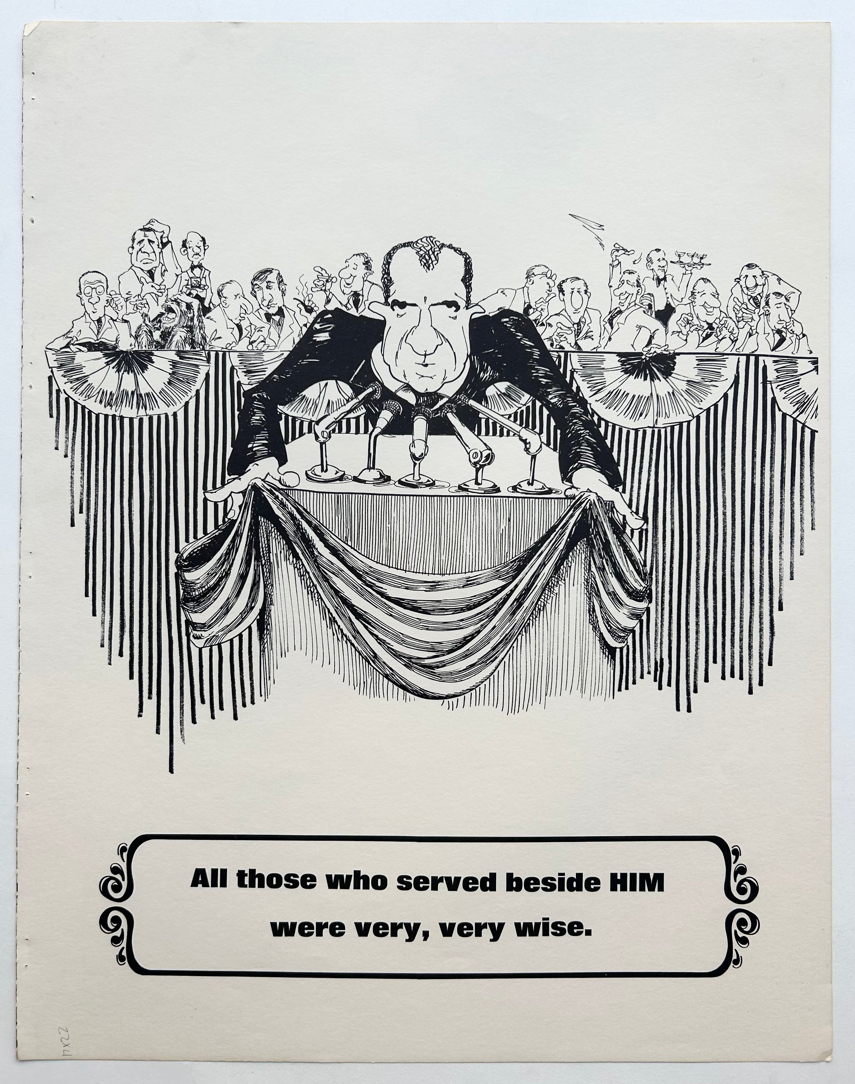 White background with sketch of Nixon in black, and the text on the bottom of the page in a swirl motif. Him is capitalized.