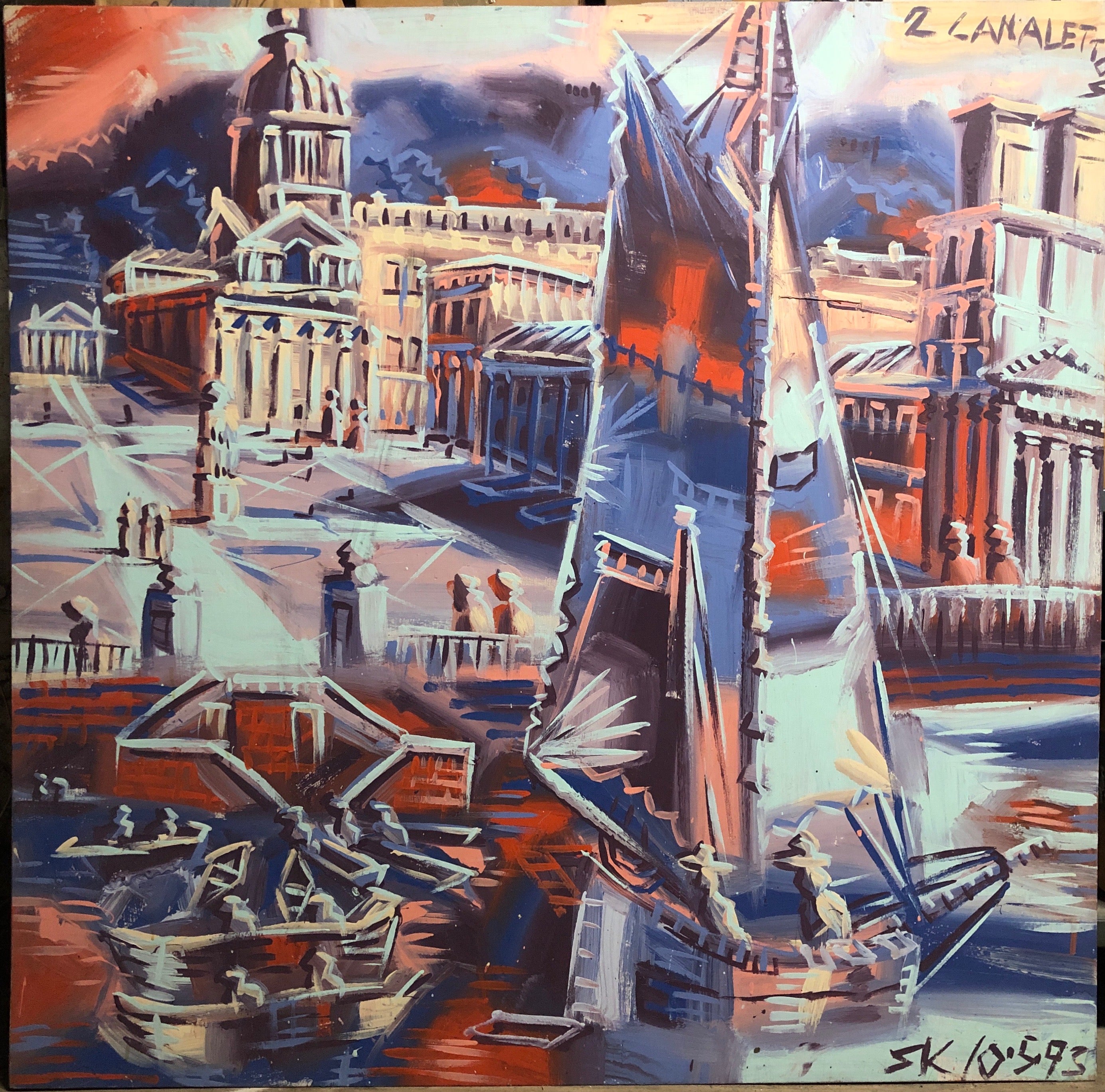 A Steve Keene painting of a sailboat in a Venetian canal.