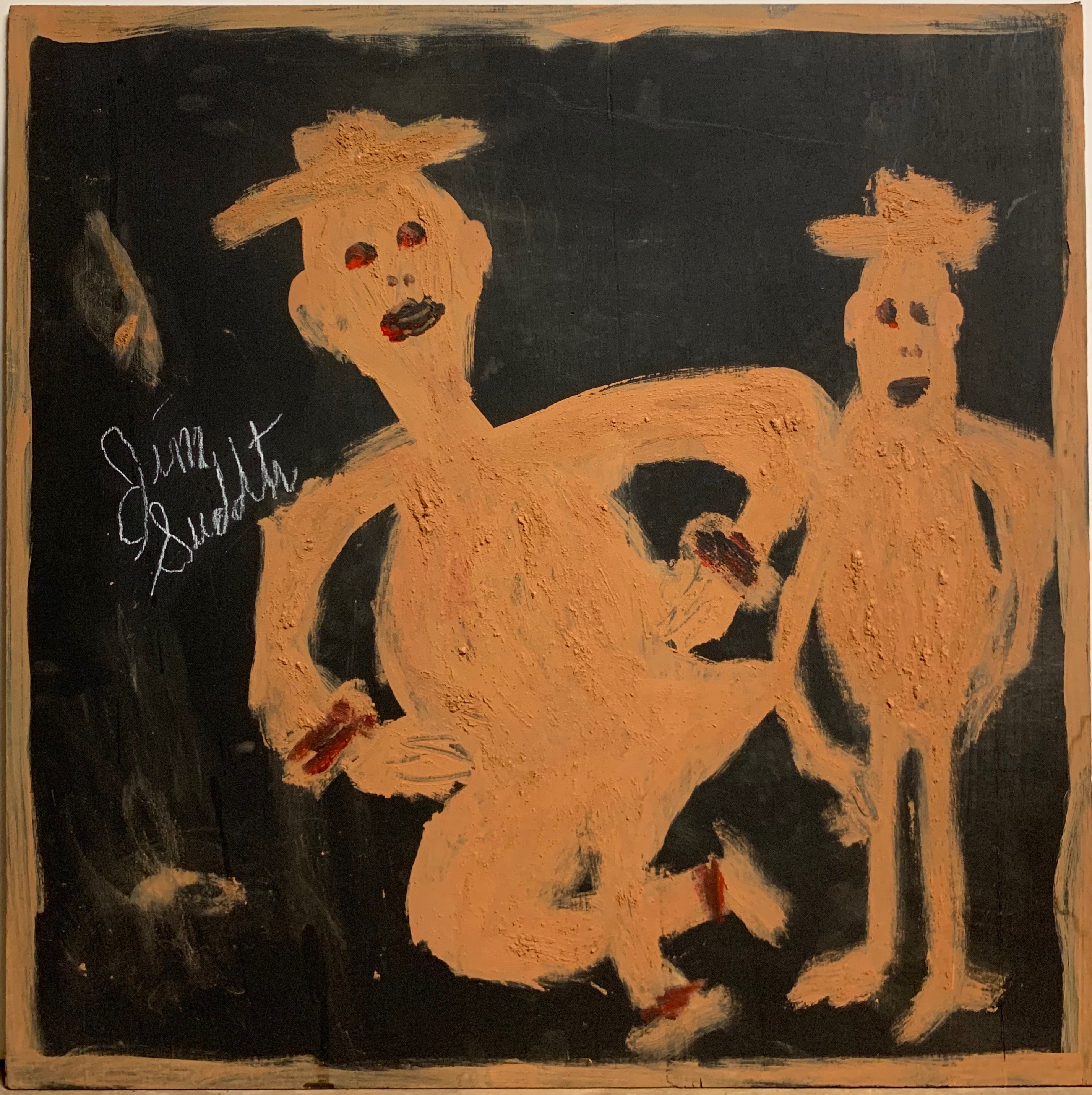 A monochromatic painting of two dancing men.