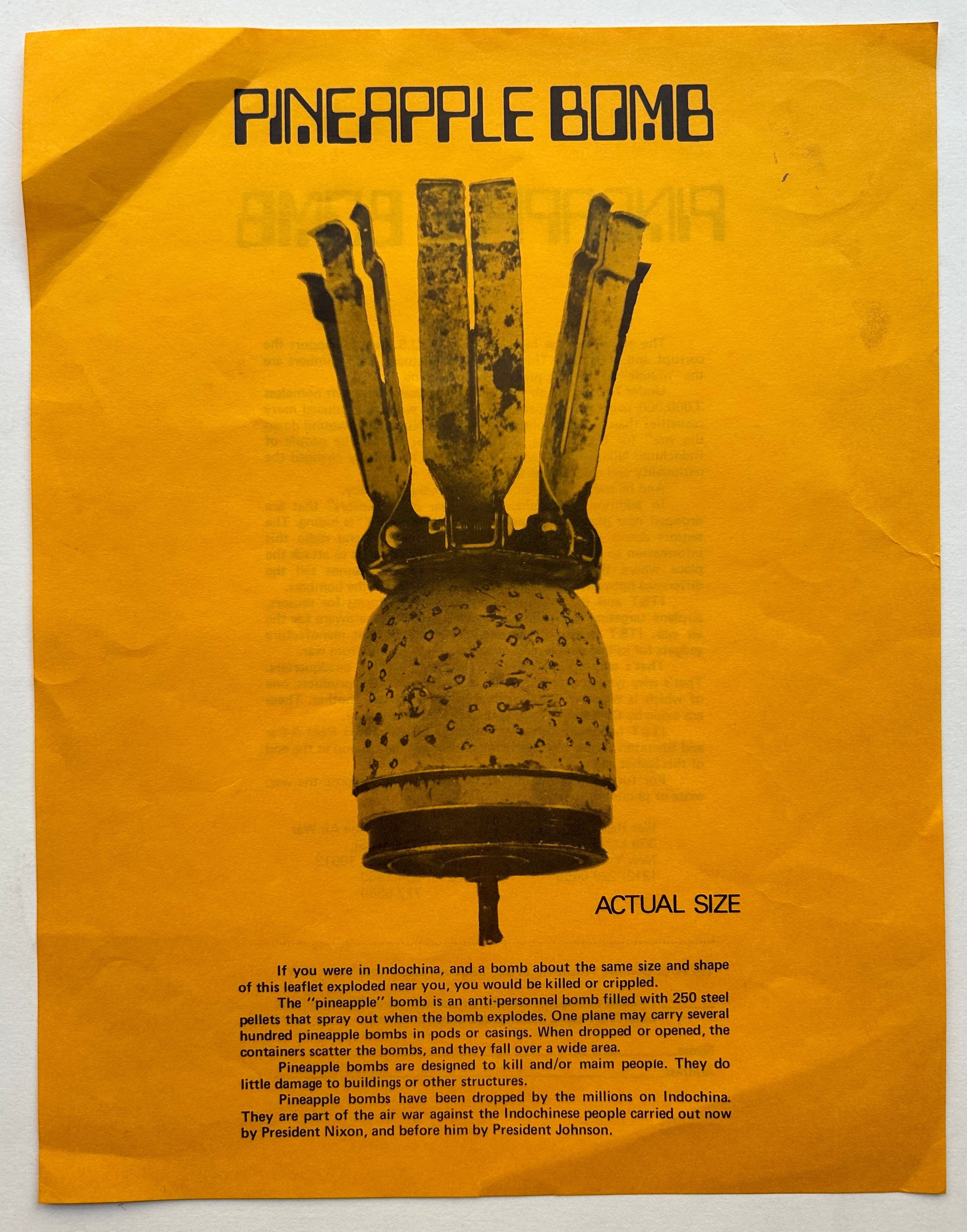 Yellow flyer with a black and white photograph of a pineapple bomb with a paragraph of text below. On the flip side is another paragraph of text in the center of the page.