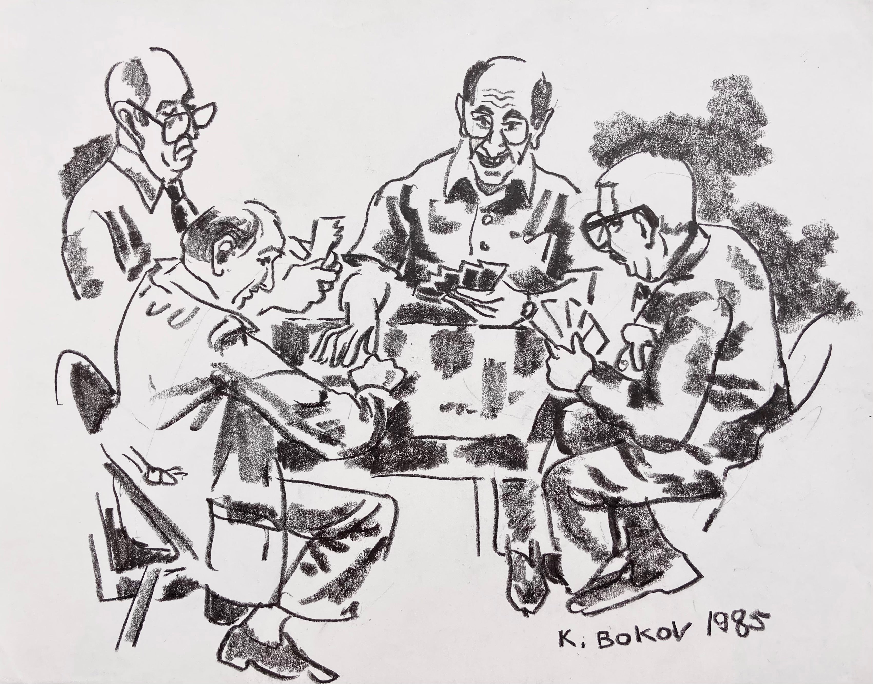charcoal drawing of a card game
