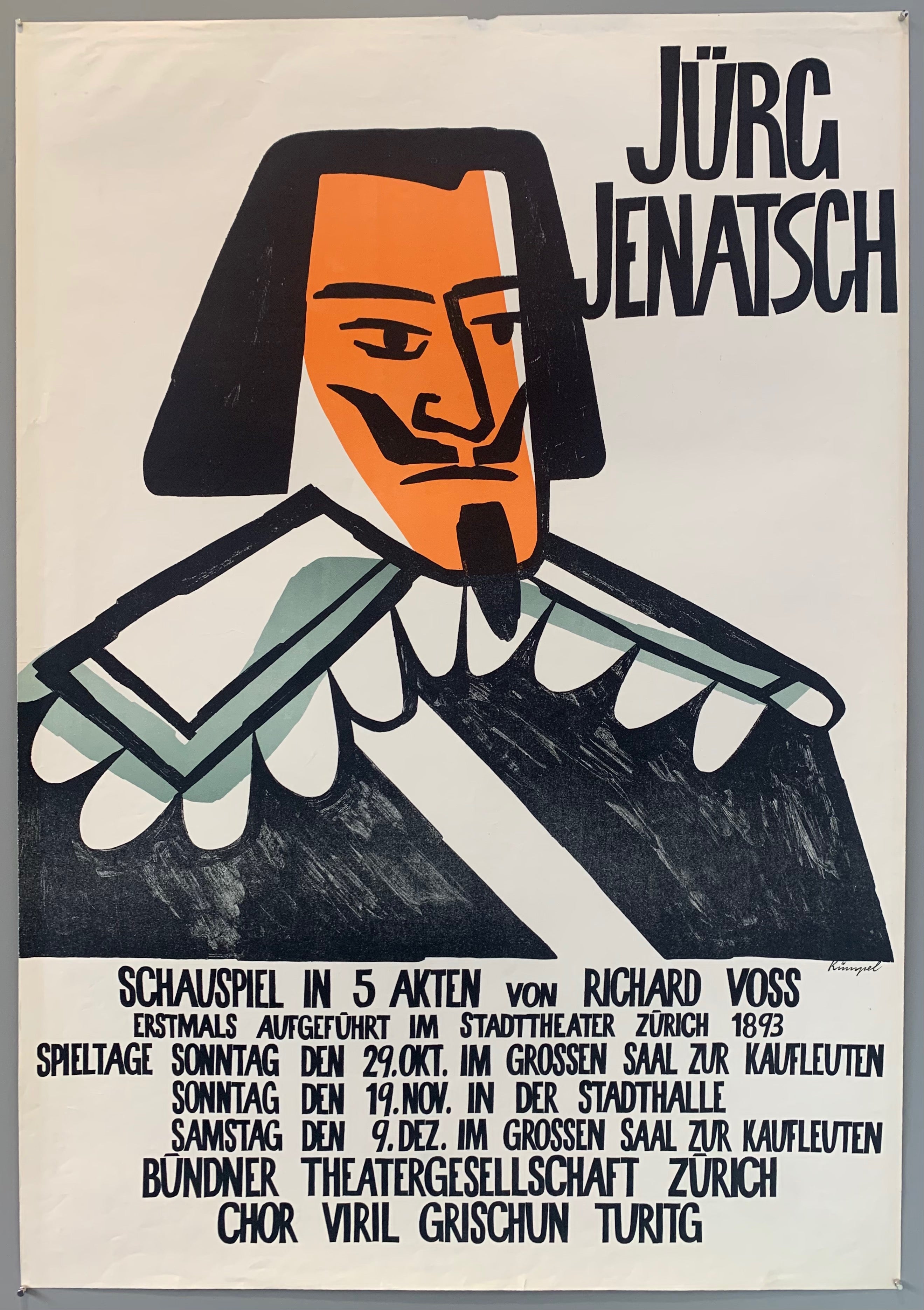 Poster for the play Jürg Jenatsch written by Richard Voss  showing in Zurich in 1893. Richard Voss was a German dramatist and novelist from Pomerania. Pomerania is now a part of Poland but its westernmost section is in Germany. Poster shows a man with a mustache and large collar.