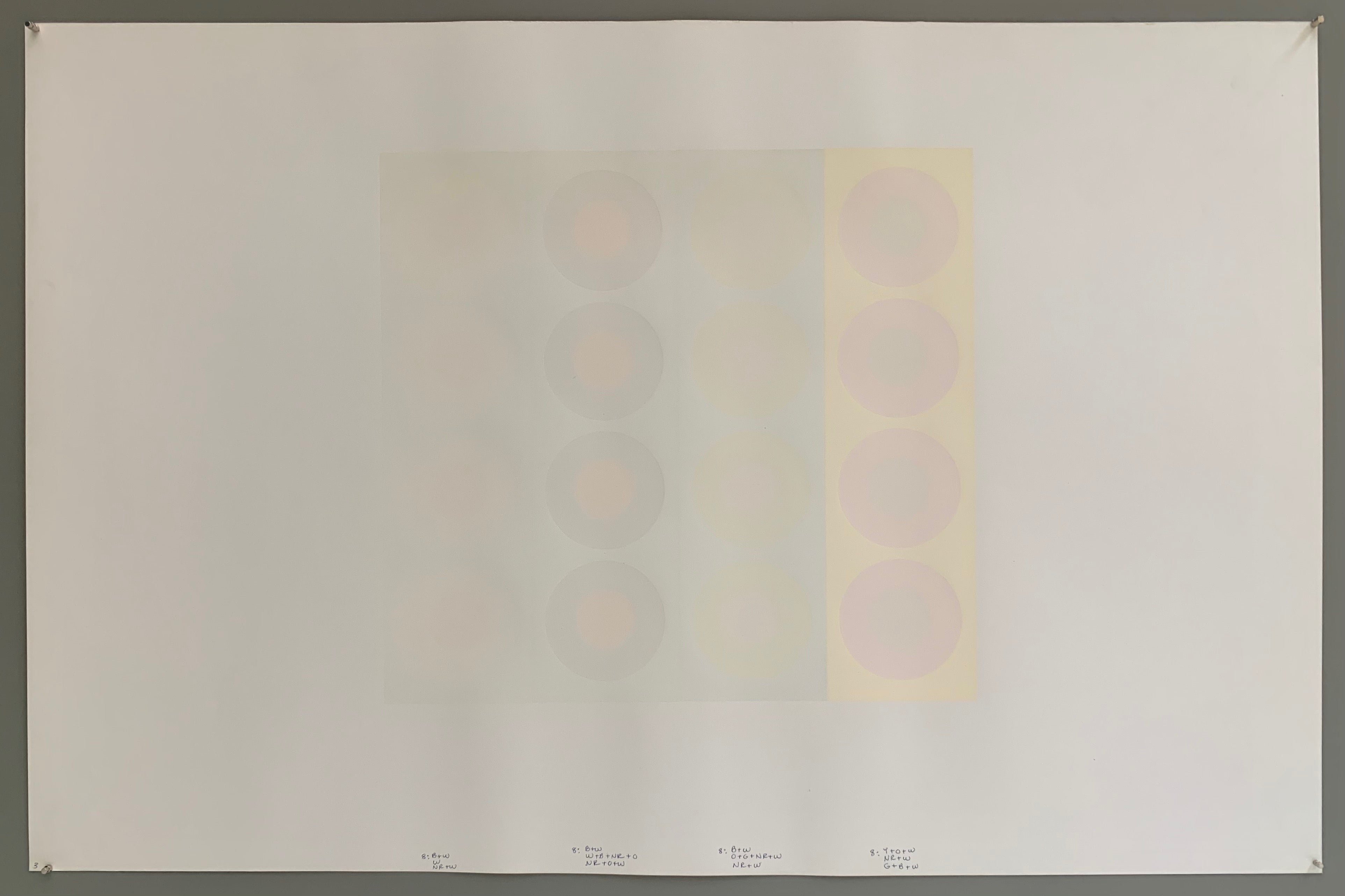 A rectangle made by three panels each holding a line of targets. The colors of this are quite lovely— creamy whites and greys mixed with the slightest hints of purple, pink, and blue.