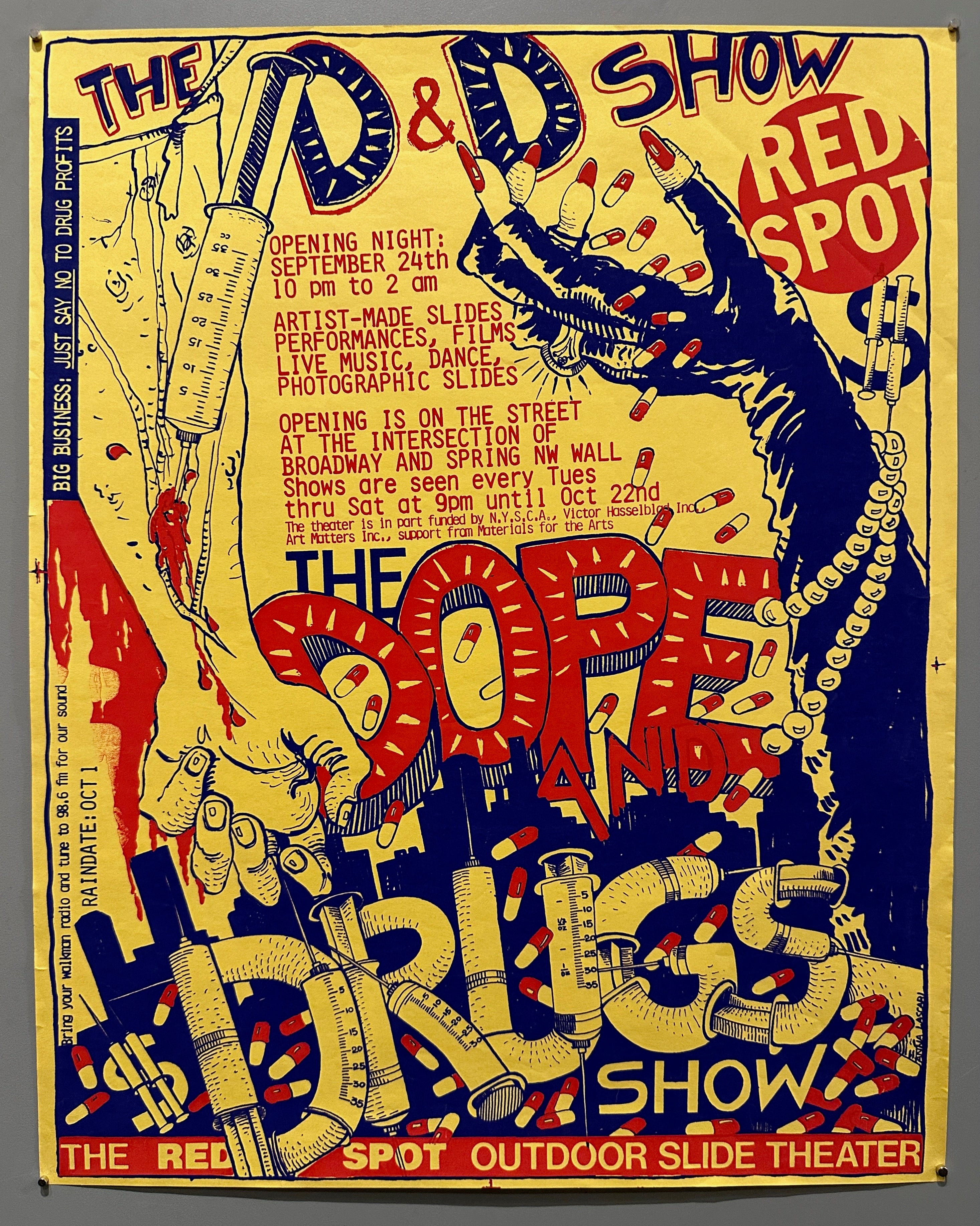 18x23 red, blue, and yellow maximalist poster with gory cartoons of pills, syringes, and veins