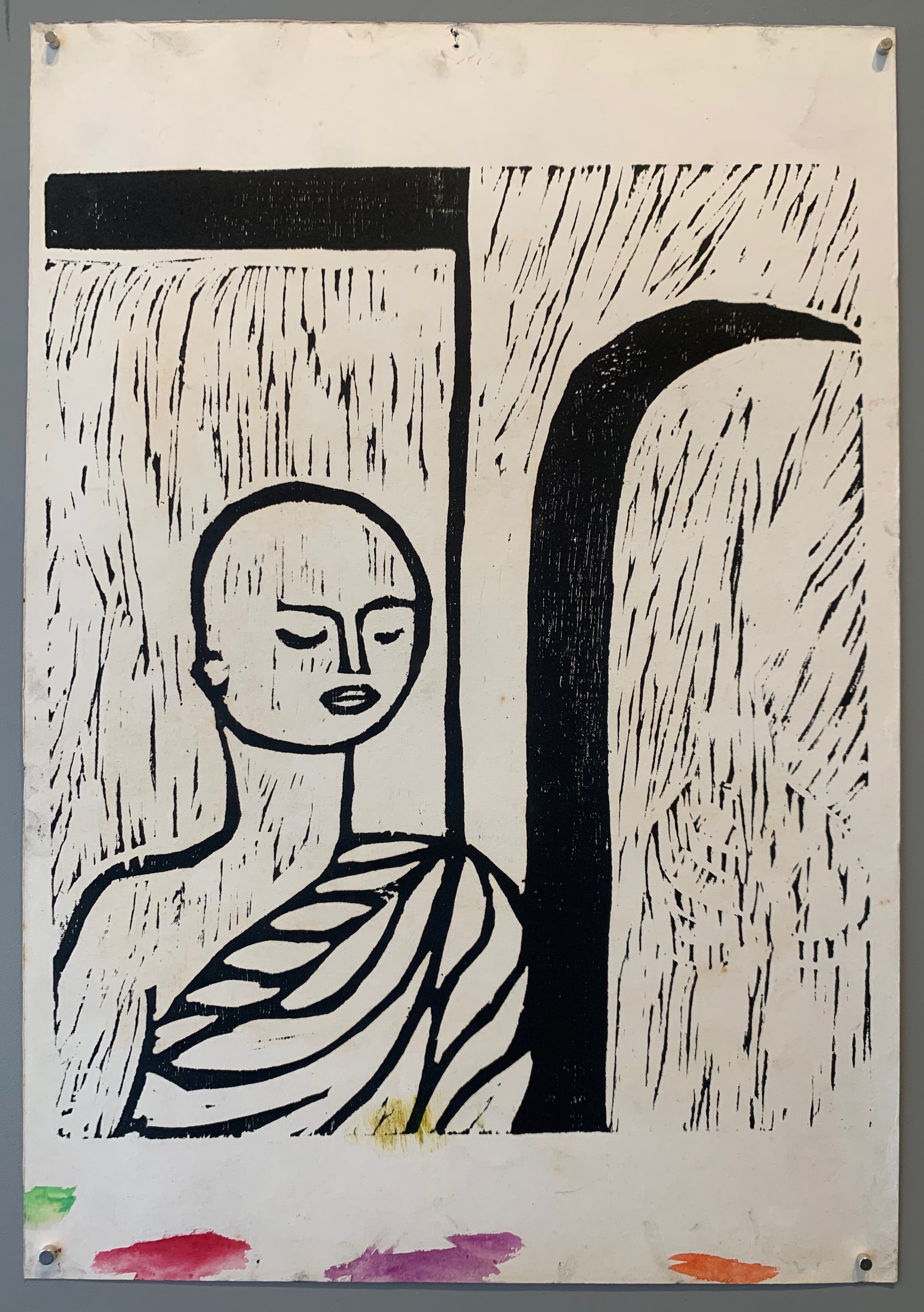 woodblock of a monk standing before a doorway