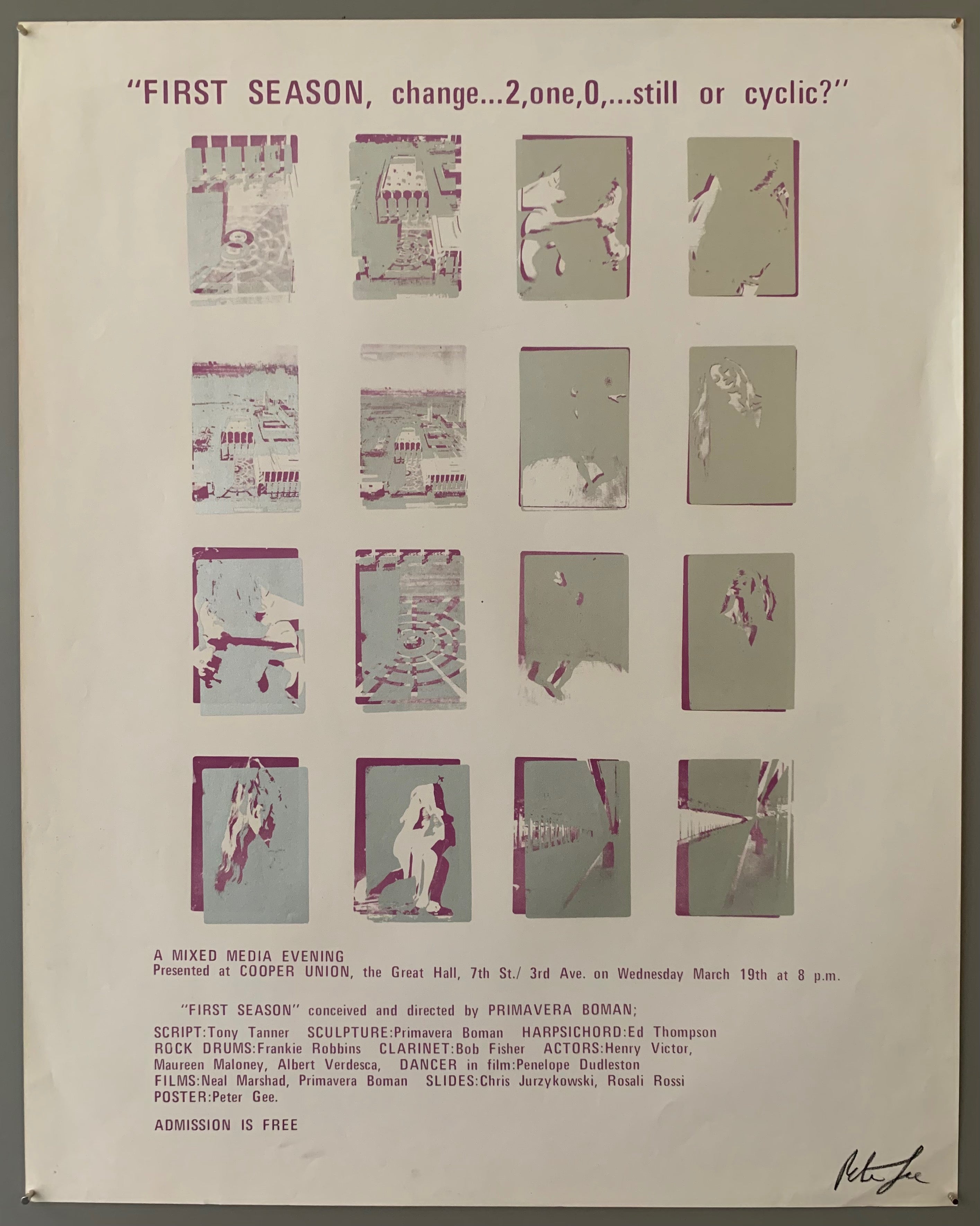 A series of squares containing scenes are shown. The text is on the top and the bottom in purple. The style of printing is pop art, where a lot of colors are put on top of each other. The colors featured are purple and silver.
