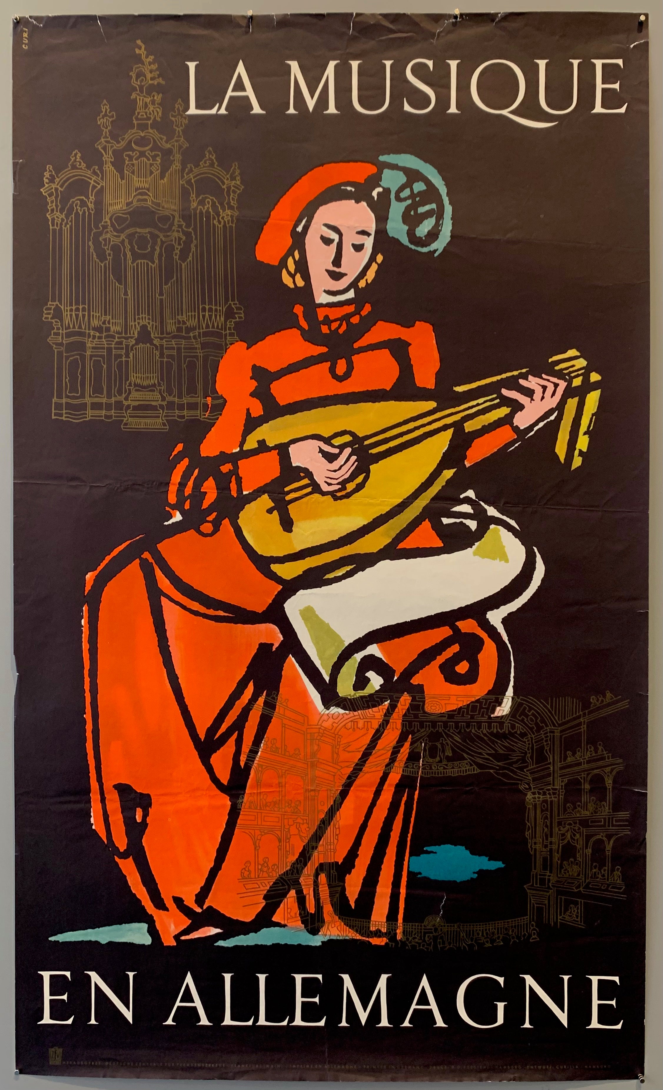A woman in a red dress and hat with a feather sits playing a string instrument. Line illustrations of the inside of a theater and inside of a church are placed in the top and bottom corners.