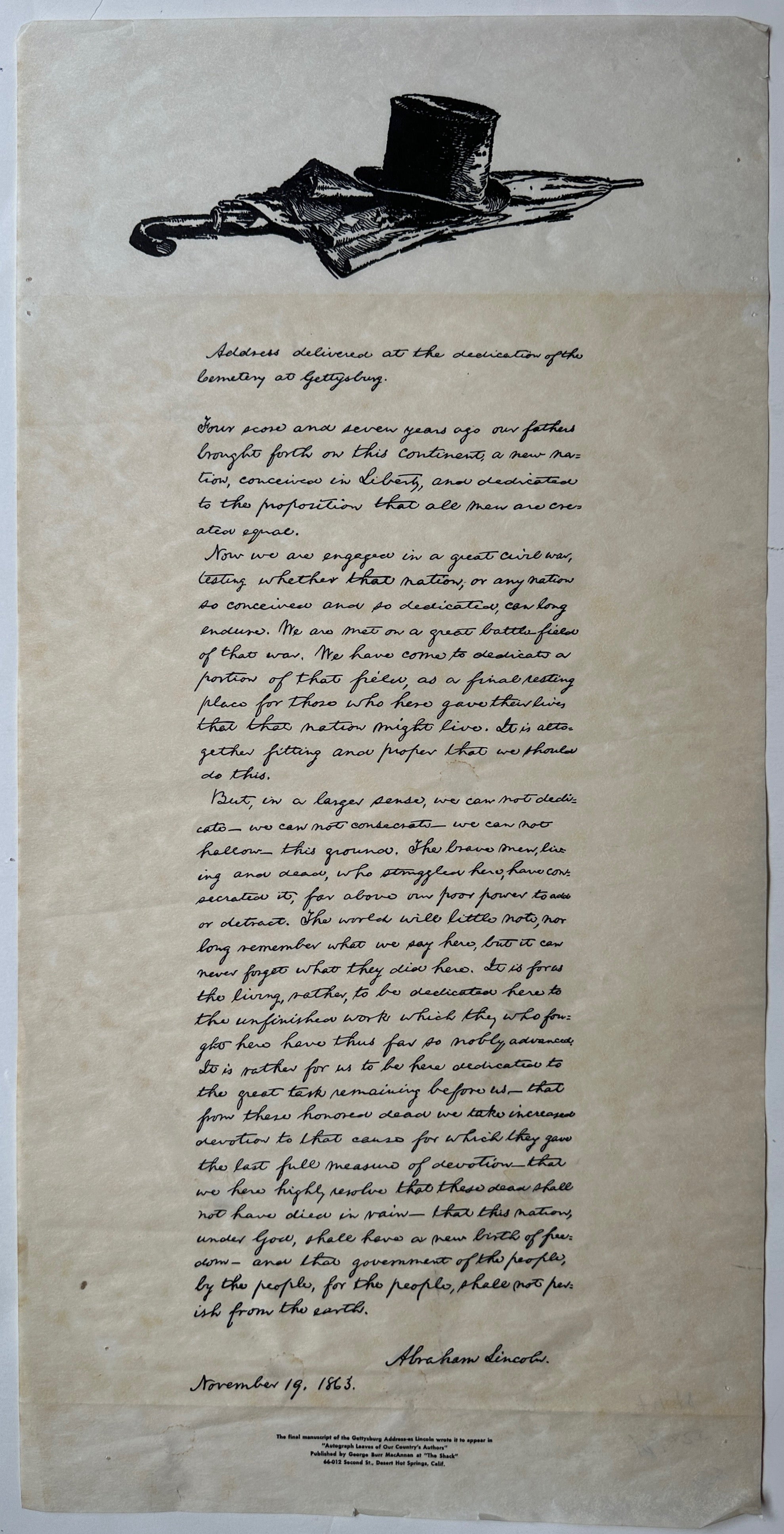 25x12.5 poster of the bliss copy of abraham lincoln's gettysburg address with drawing of top hat and umbrella