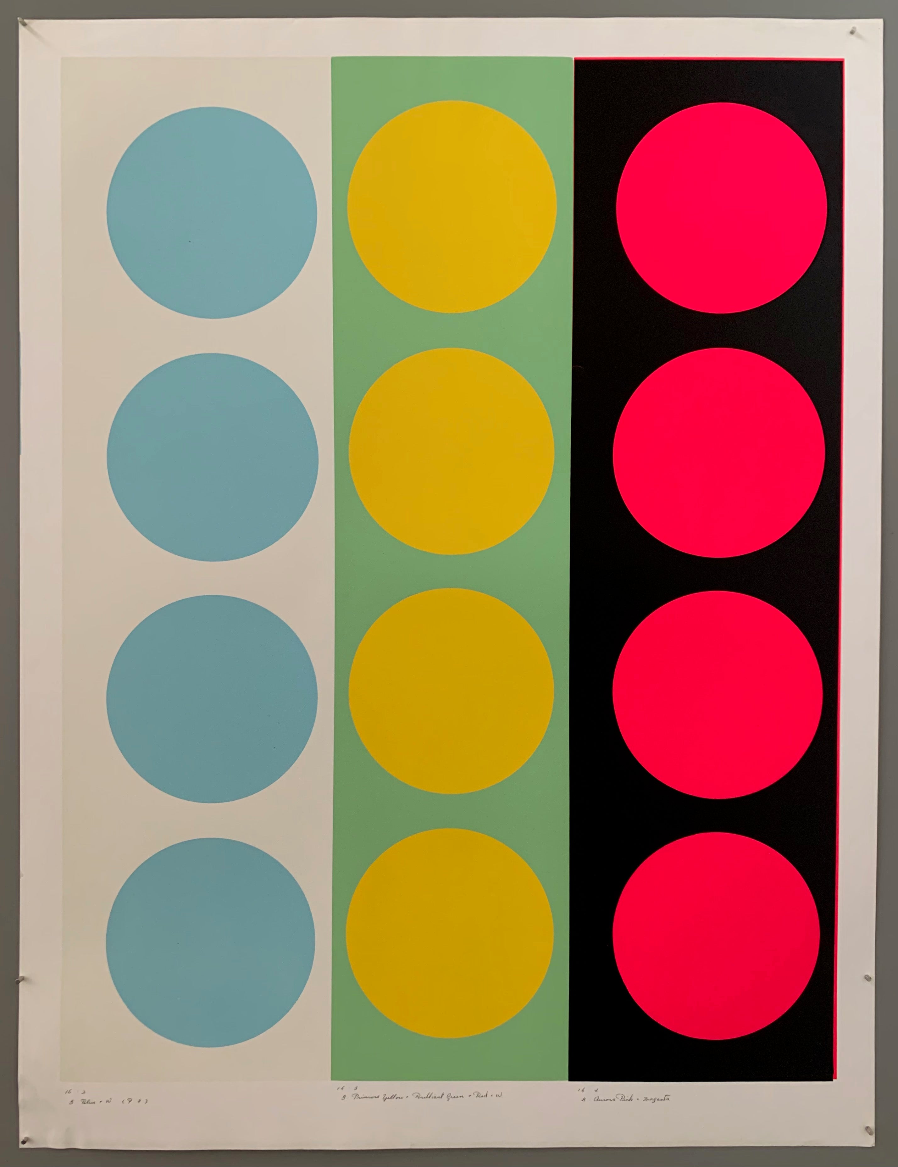 Three rows of circles on colored panels