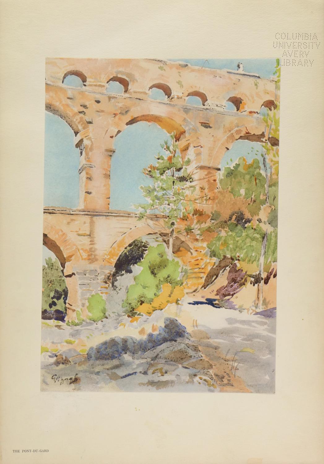 A stone bridge with several arches is over a river, with a riverbank filled with plants alongside it, and a faroff city in the back. Print of a watercolor.