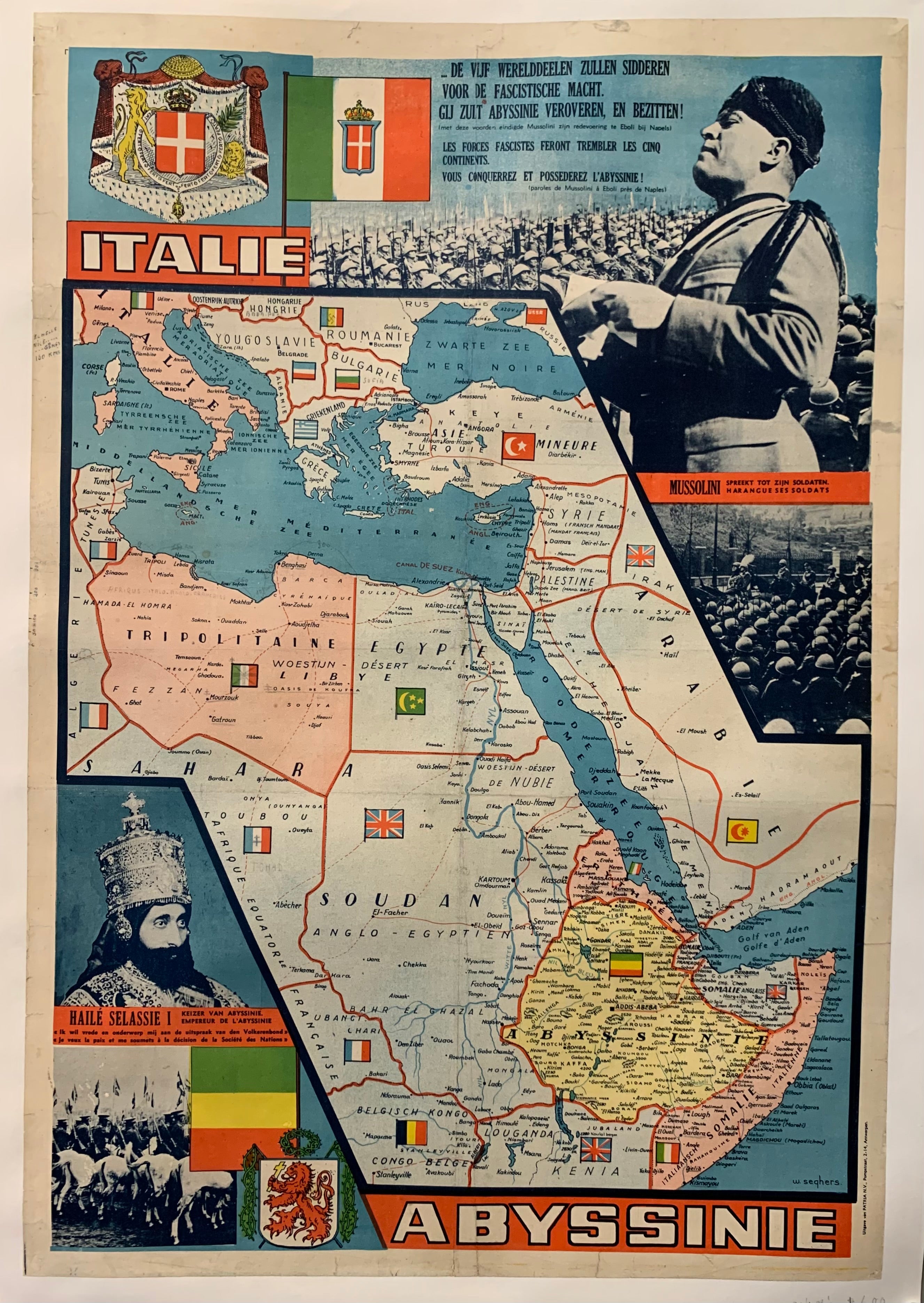 A map of Europe and Africa is in the center, with photos of Mussolini and Haile Selassie on the top and bottom.