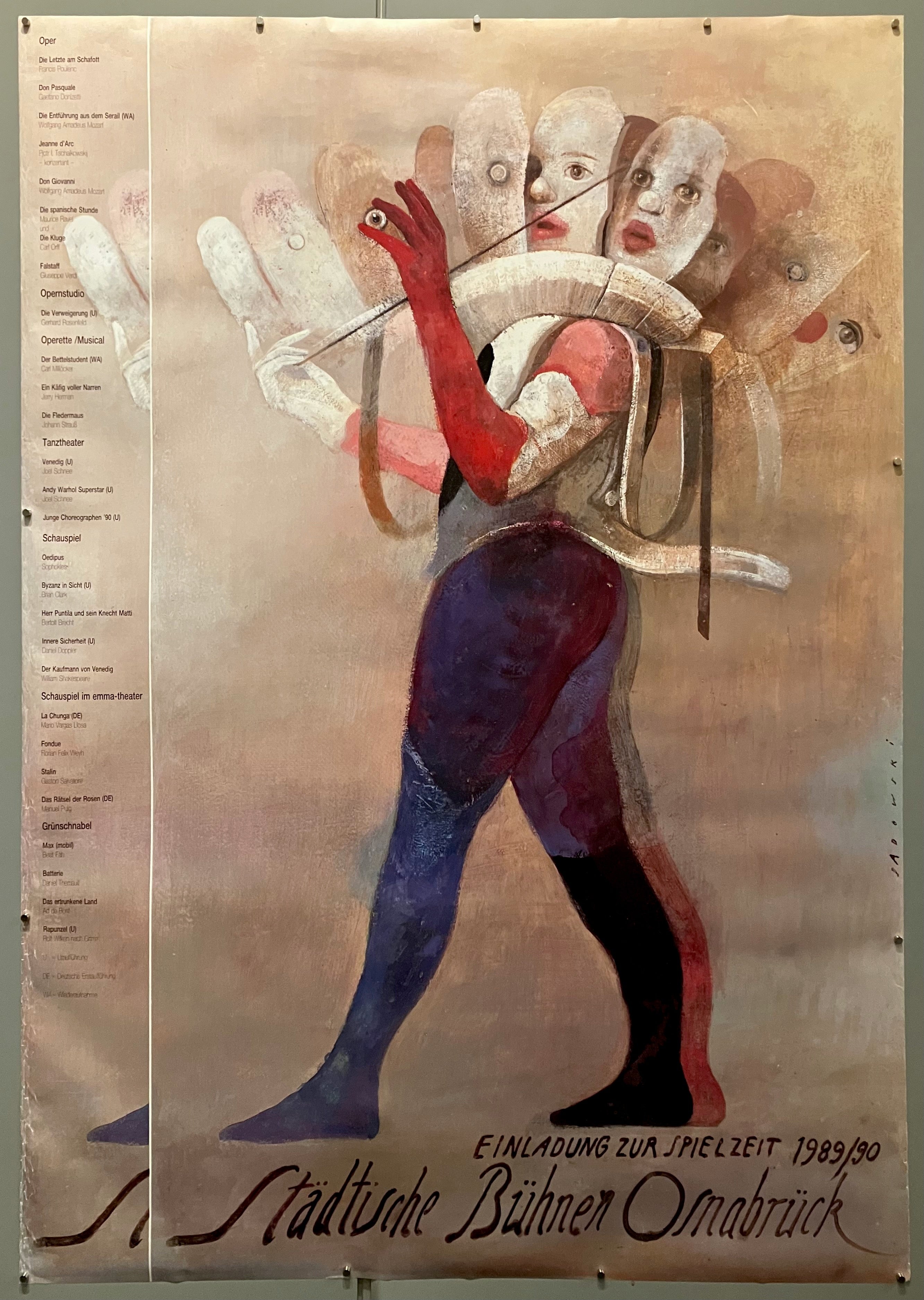 67x47 poster for german theater städtische bühnen osnabrück 1989-90 performances featuring art of clown by polish artist wiktor sadowski and showing information