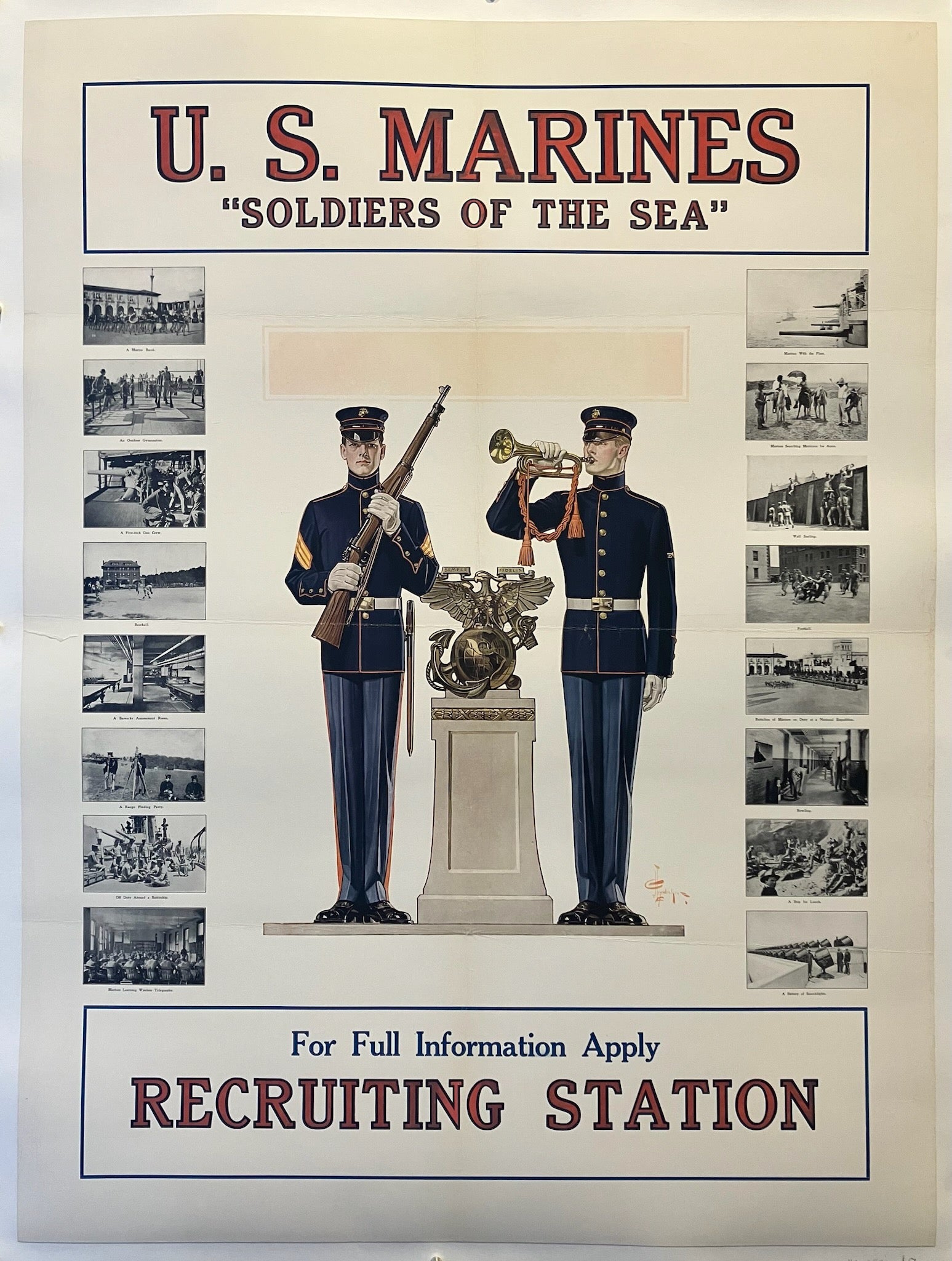 30.5x40 poster featuring two US Marines standing next to the Marine emblem with black and white photographs framing the left and right borders