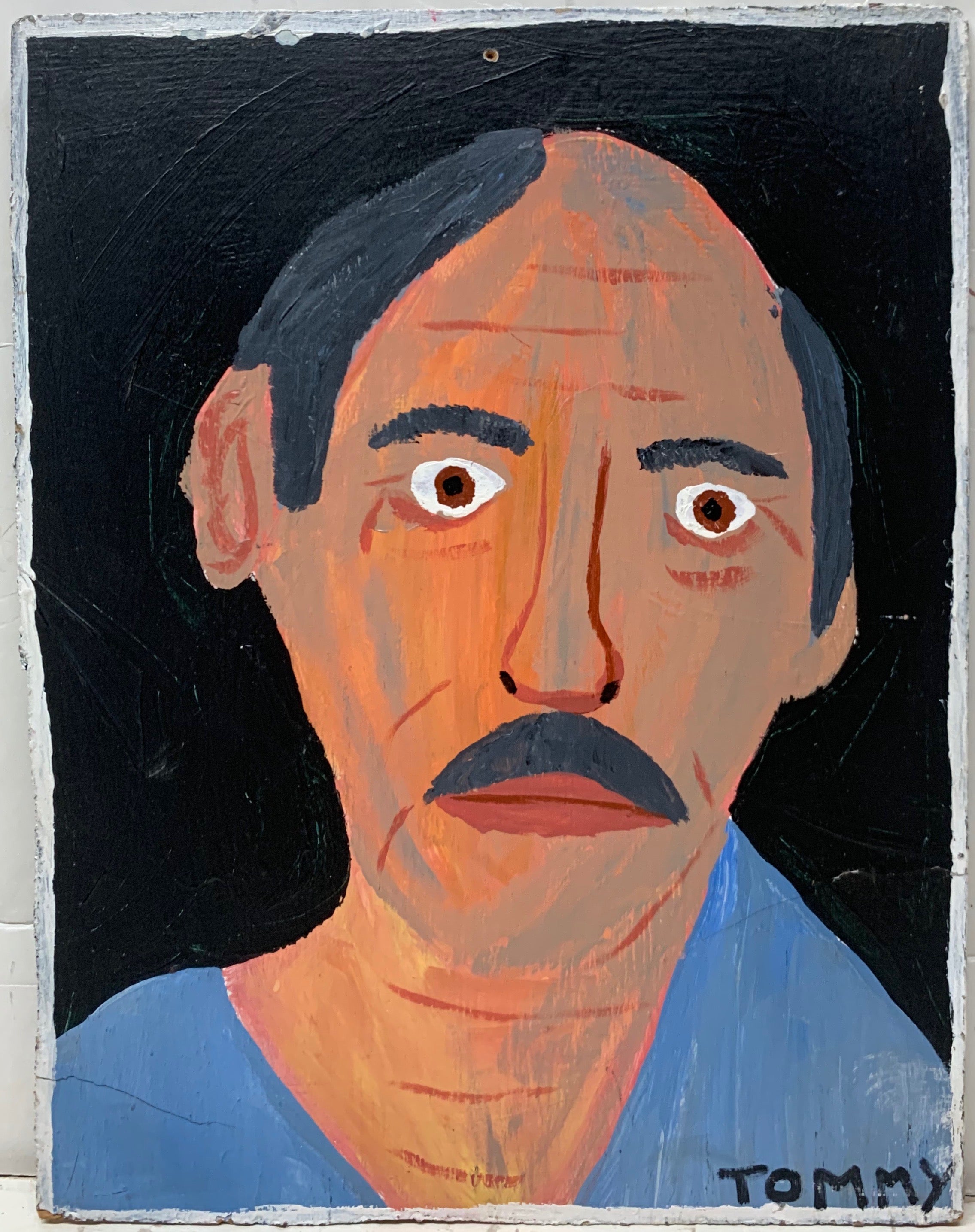 A Tommy Cheng portrait of a balding, gray-haired man with a wrinkled face and a gray, bushy moustache.