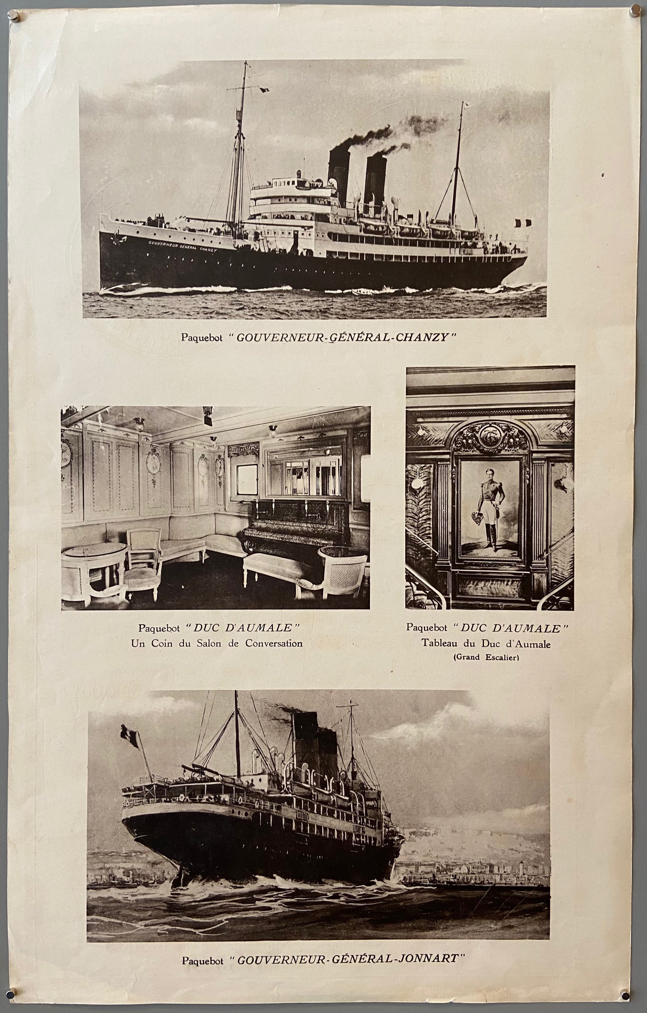 a double-sided poster with a clock advertisement and photos of ships