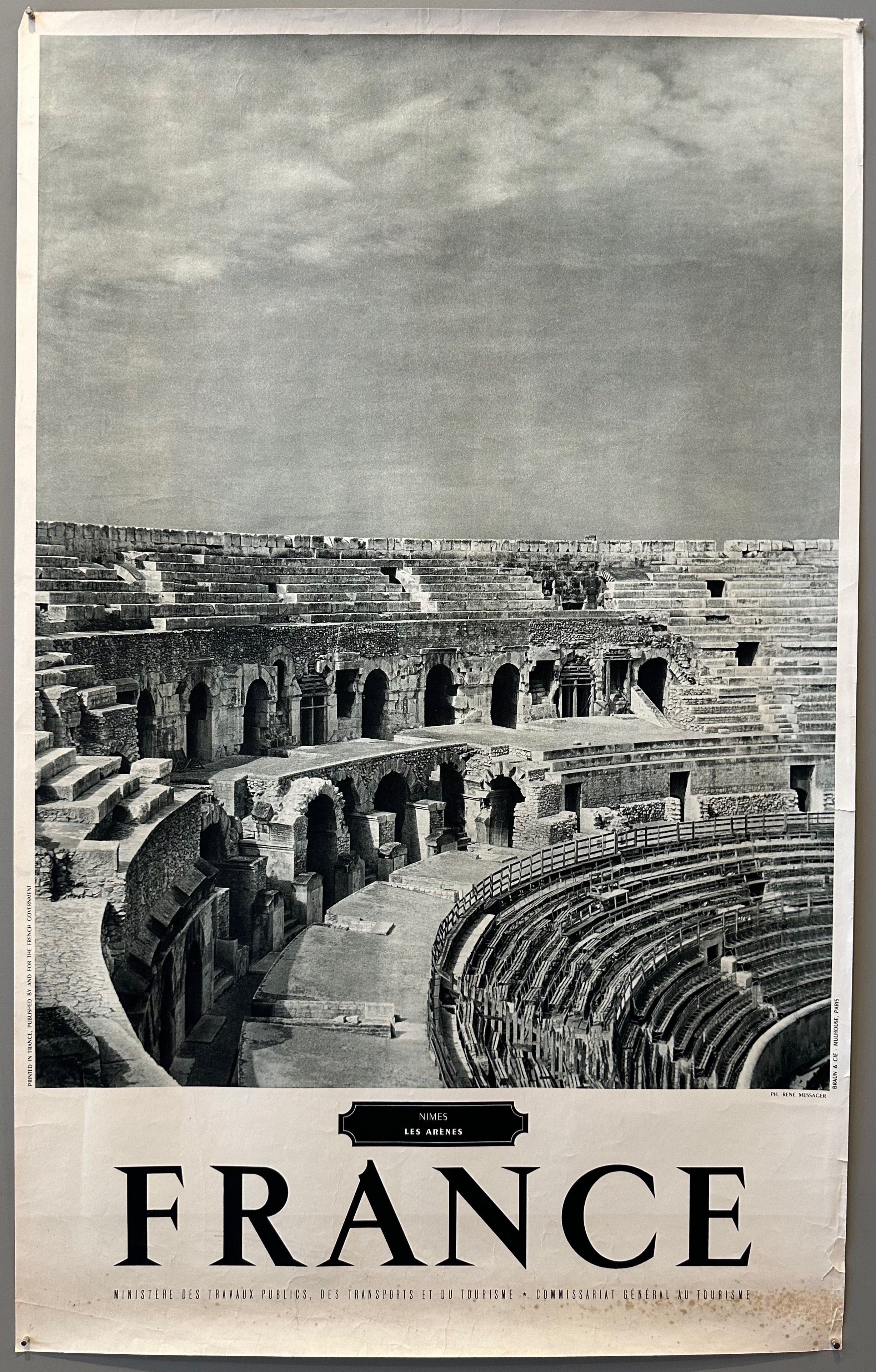 40x25 1950s black and white french travel poster advertising the arena in nimes featuring photo of the ancient roman ampitheatre