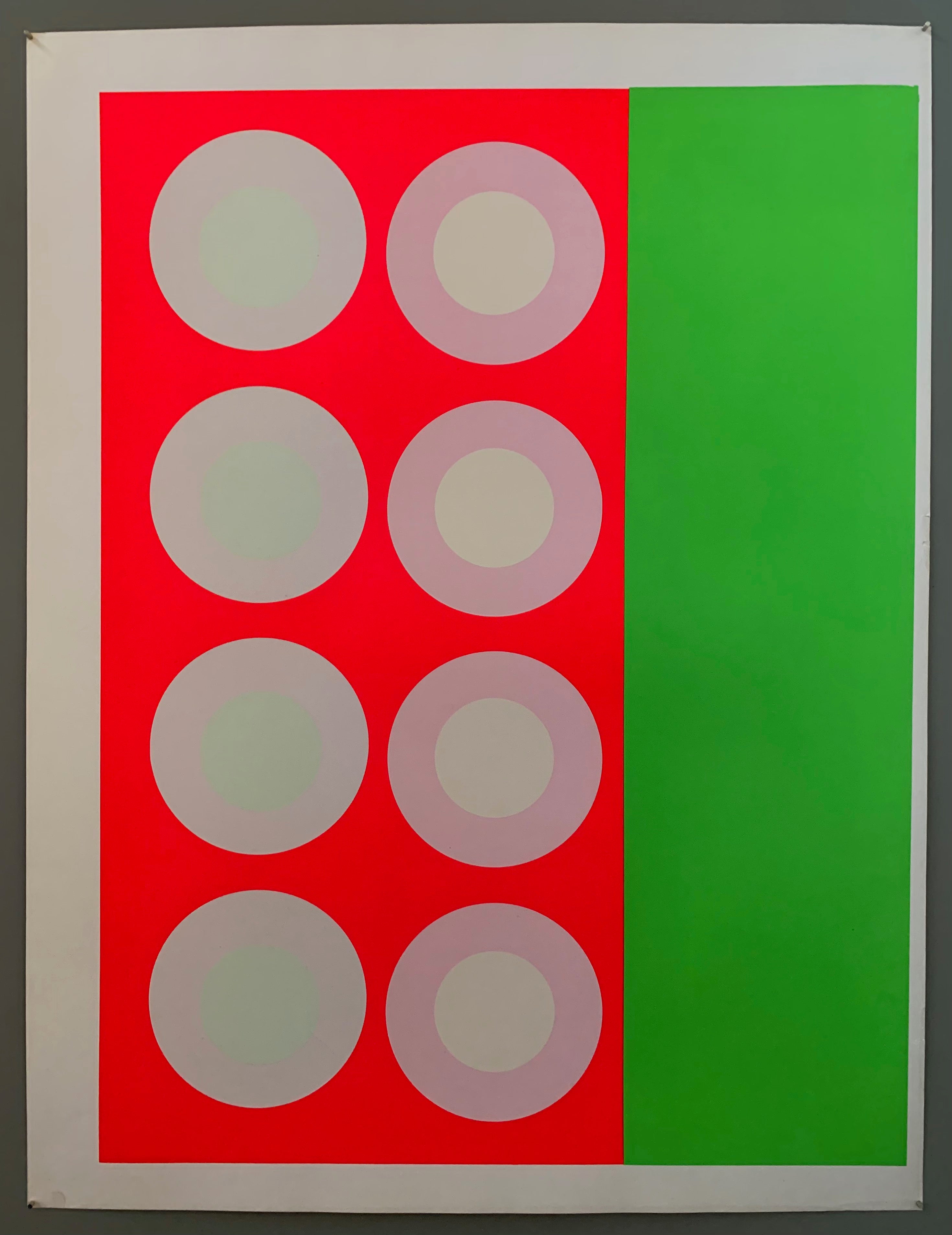 showing three panels: on the left, a neon pink panel with very faintly colored grey and green targets. In the middle, another neon pink panel with faintly colored pink and green targets. And finally, on the right, a panel with blank neon green.