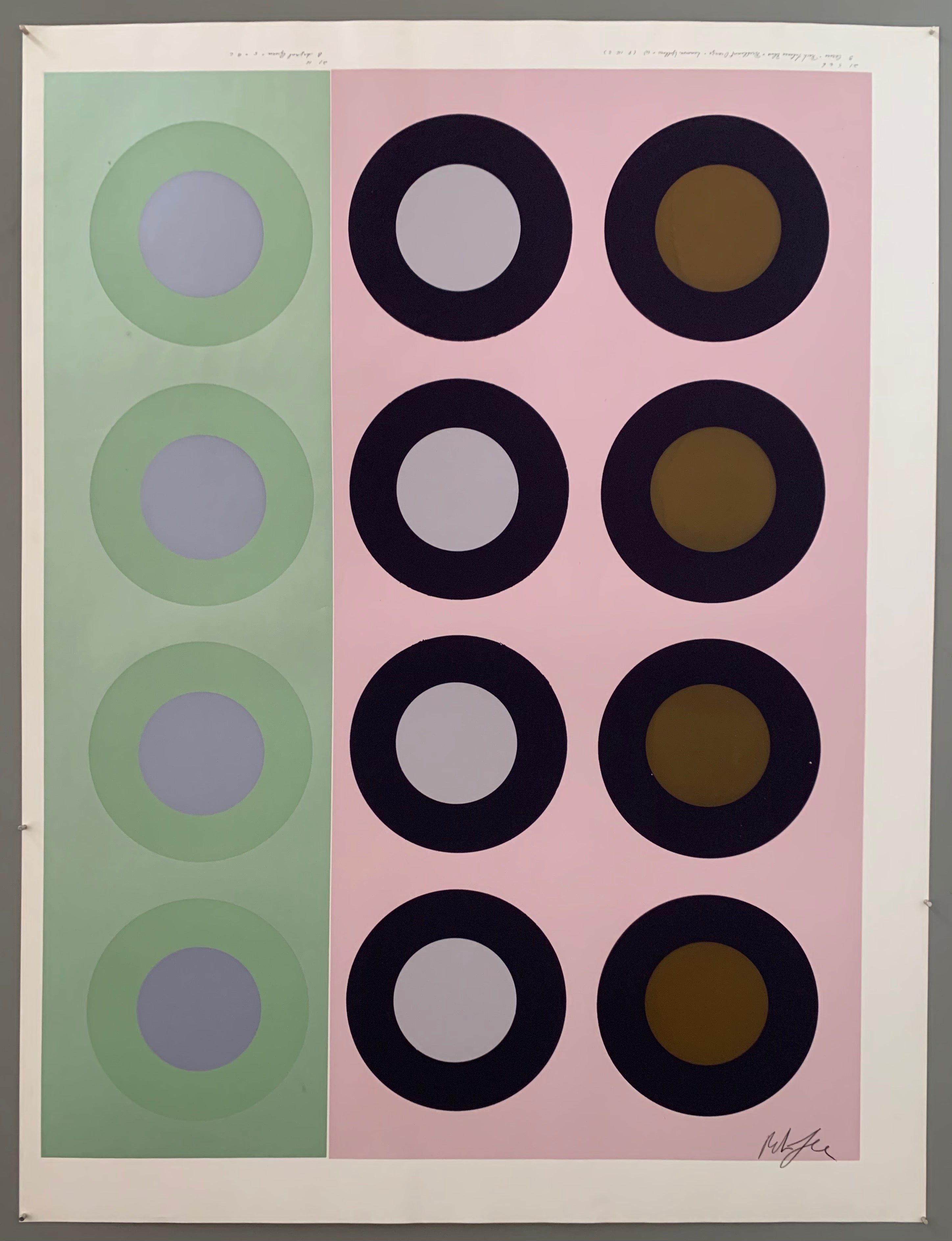 Three rows of targets on green and pink panels